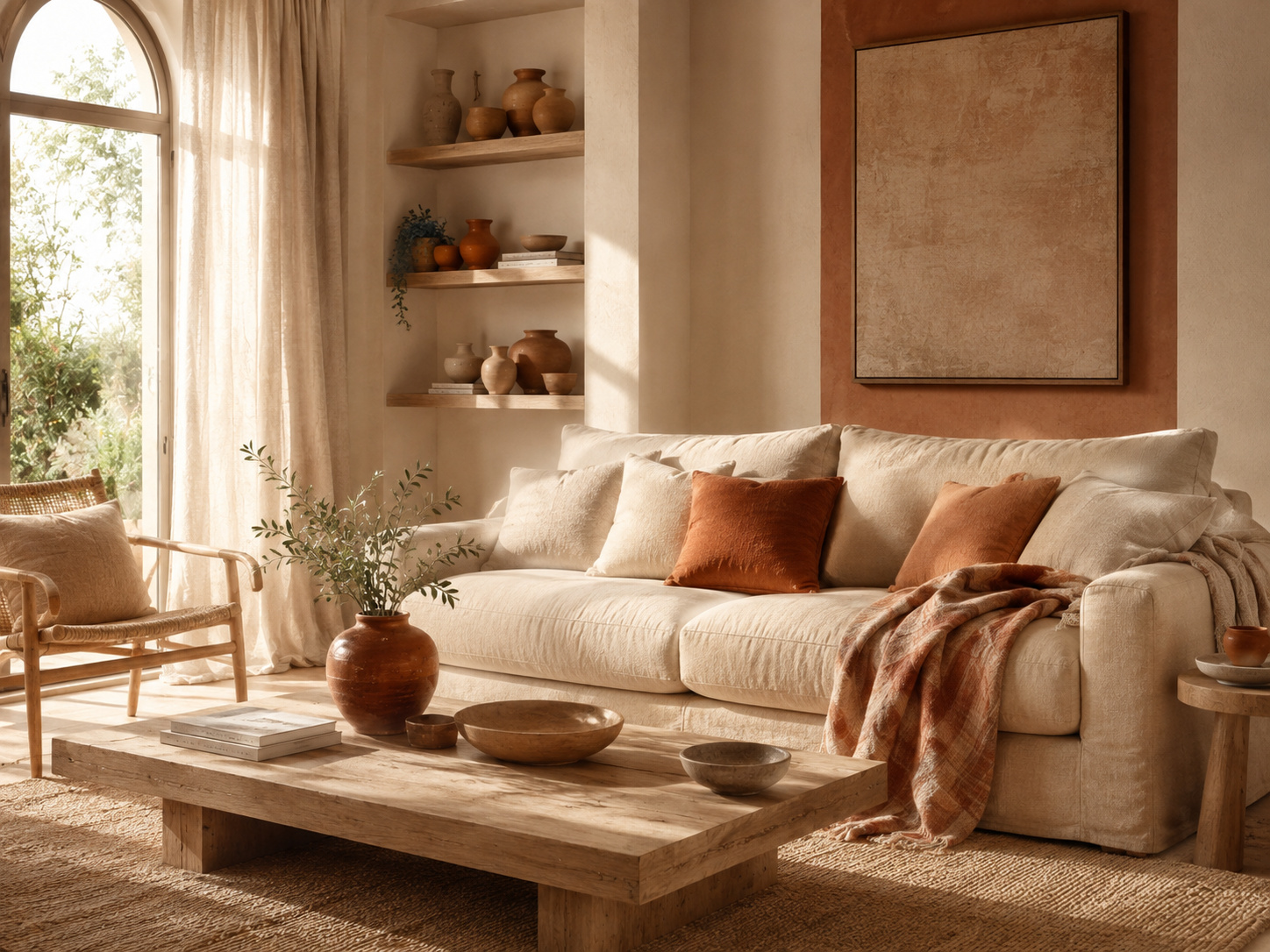 Salon lumineux associant terracotta, beige, lin naturel, bois clair et tapis en fibres végétales.