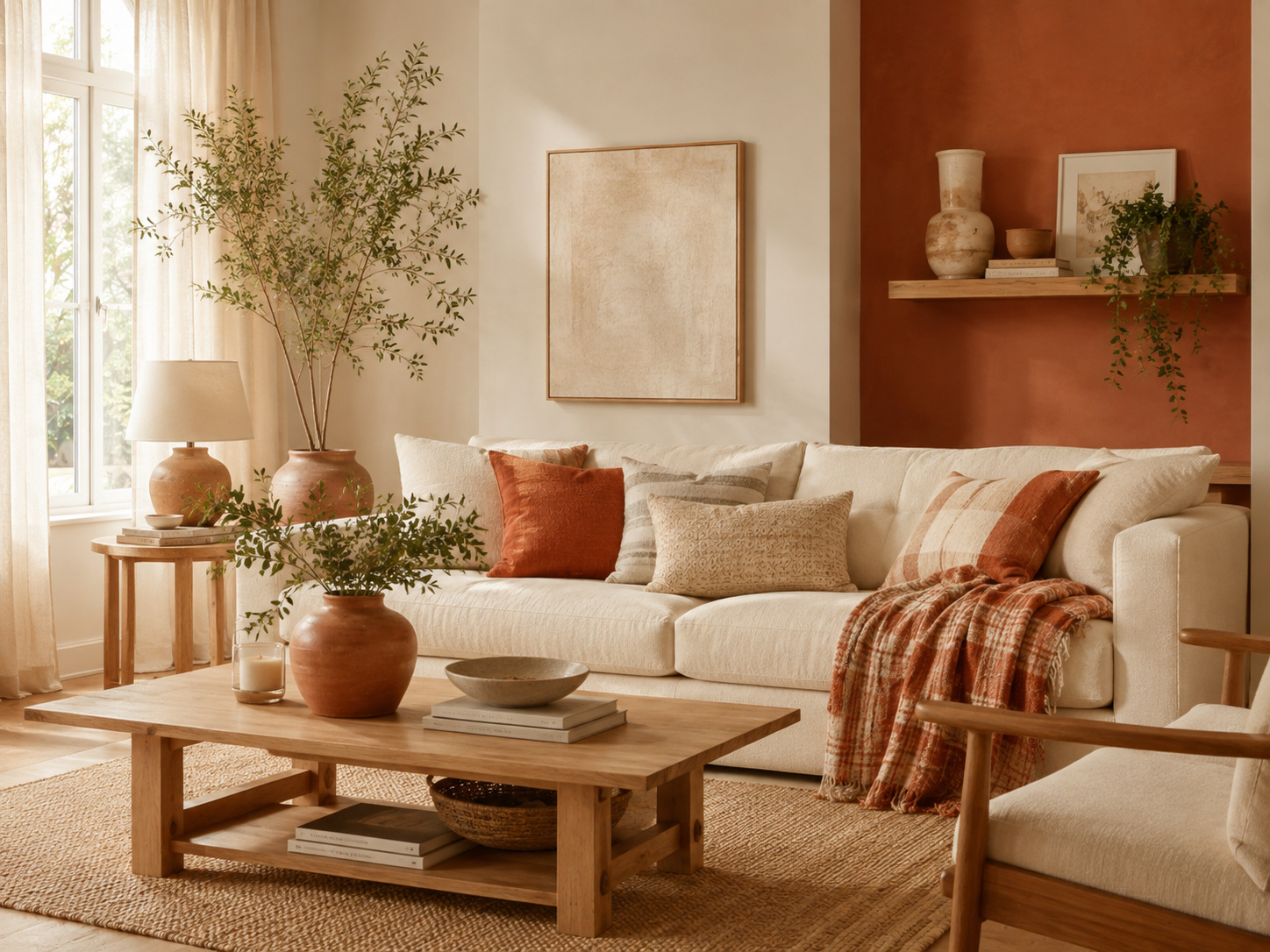 Salon lumineux avec canapé blanc cassé, mur terracotta, bois clair et textiles naturels.