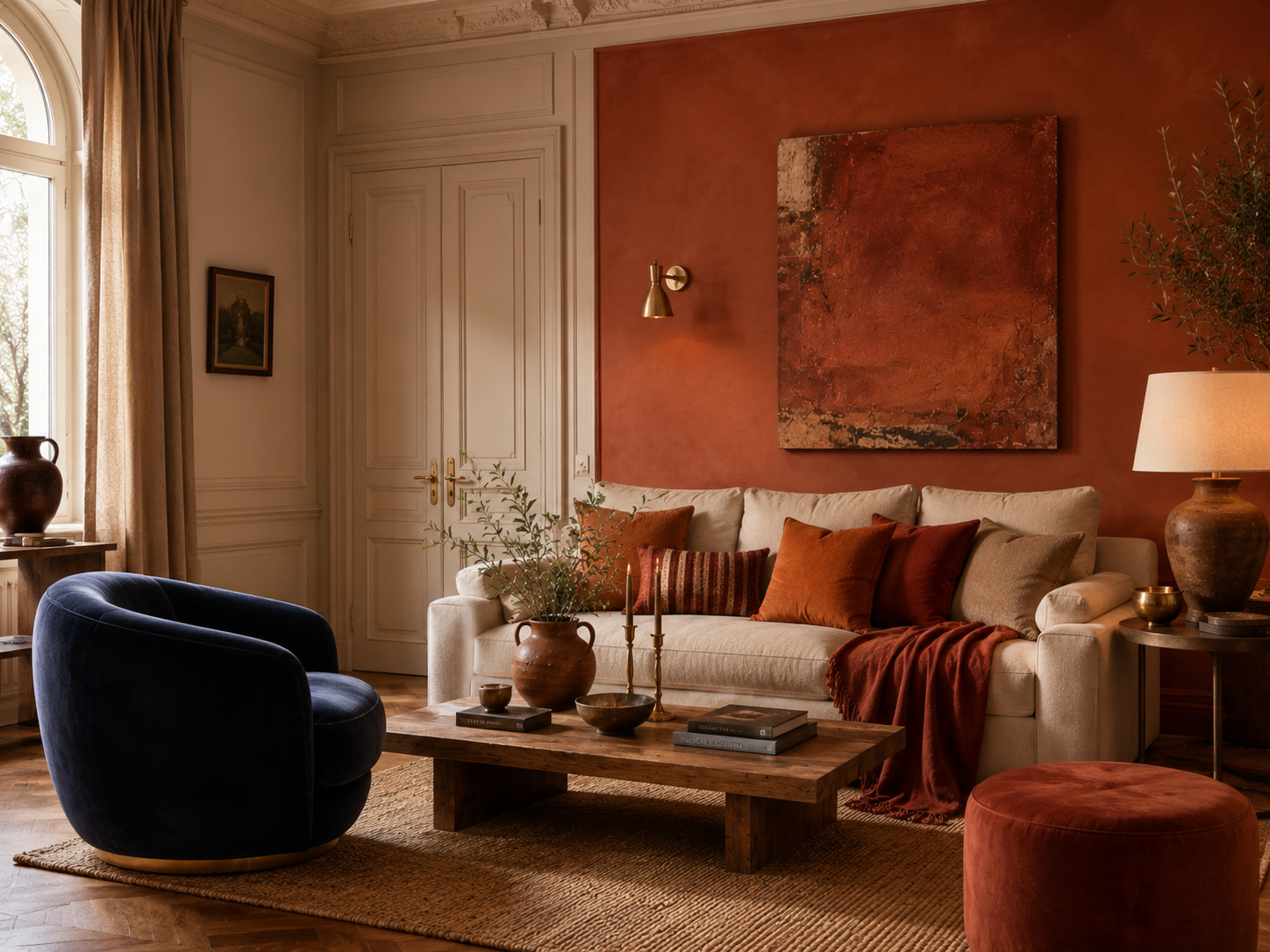 Salon terracotta et crème avec fauteuil bleu nuit en accent fort.