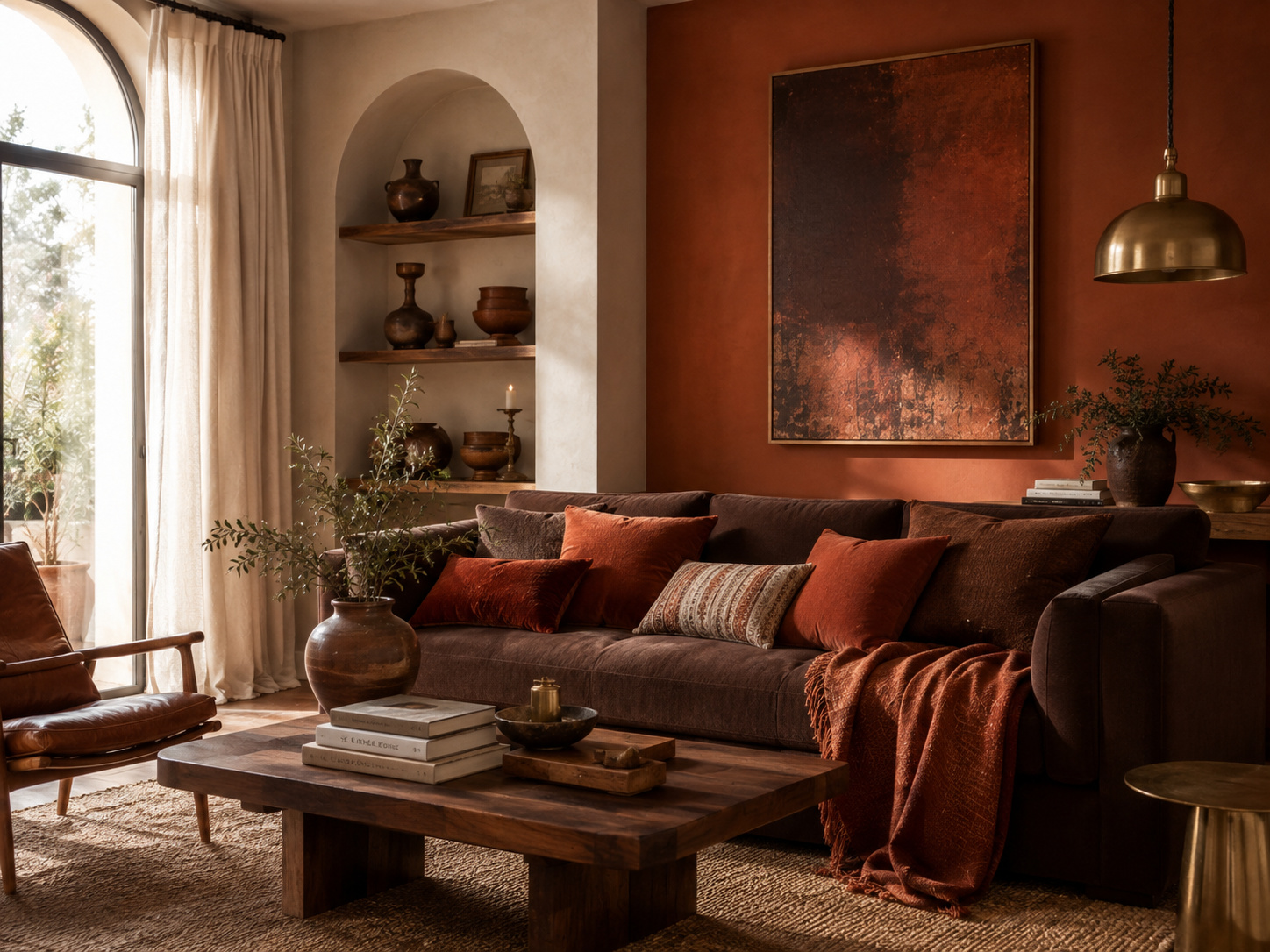 Salon terracotta chaleureux avec canapé brun profond, coussins terre cuite, bois foncé et lumière naturelle.