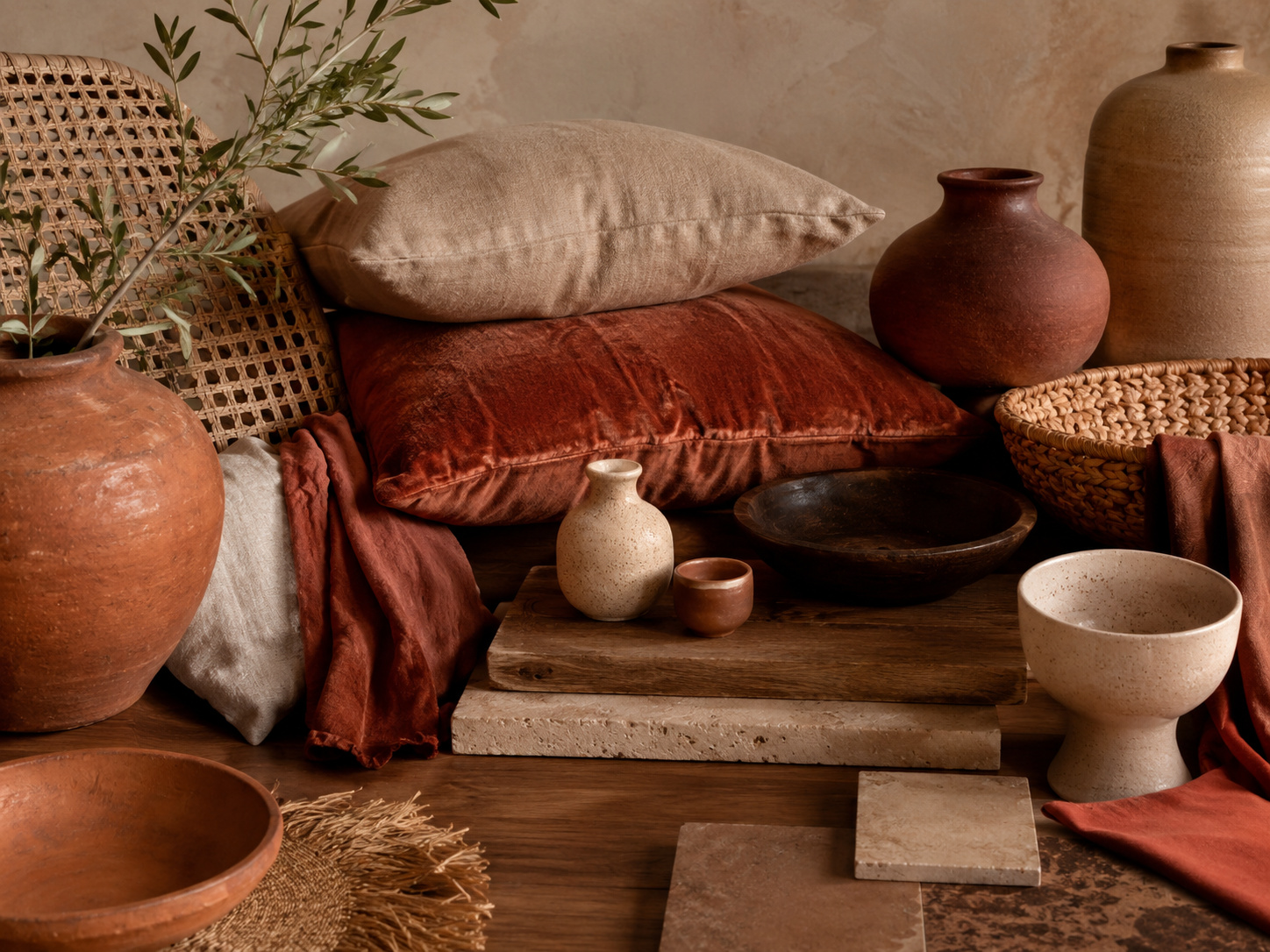 Composition de matières terracotta avec velours, lin, rotin, céramique, bois et grès.