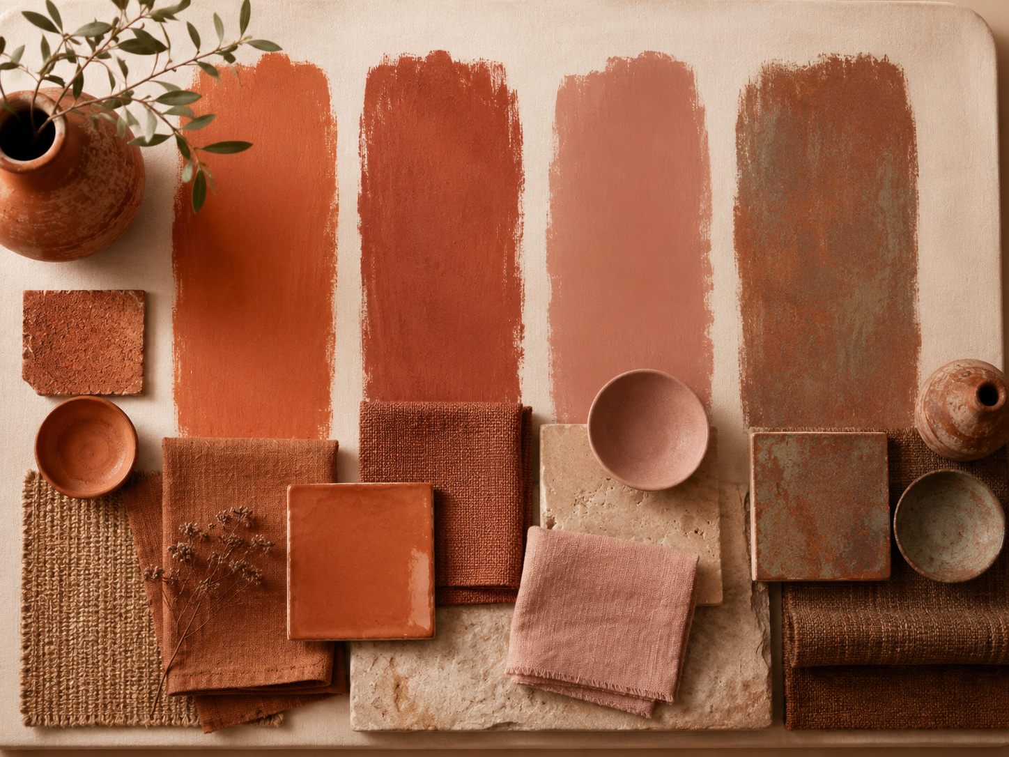Nuancier terracotta montrant des tons classique, brique, rosé poudré et cuivré avec textiles et céramiques.