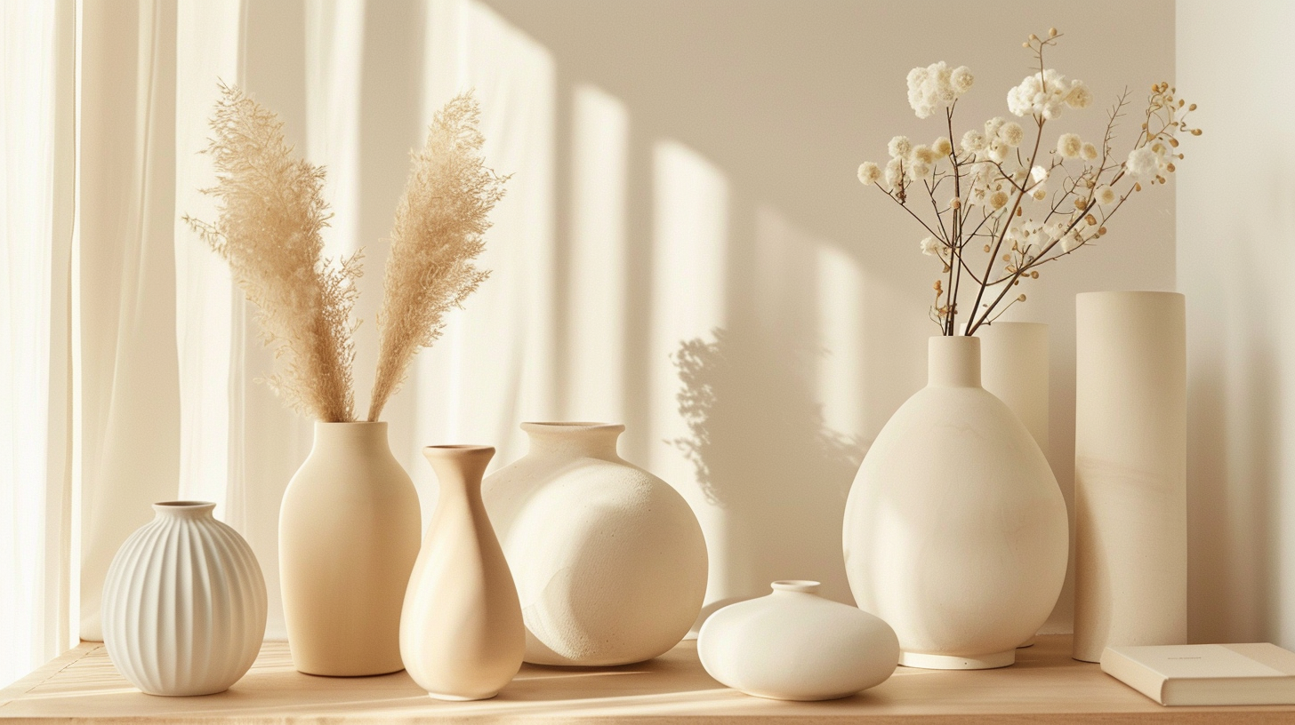 Sélection de vases de formes différentes boule, conique, cylindrique, amphore sur une console de salon de printemps, illustrant la diversité des silhouettes