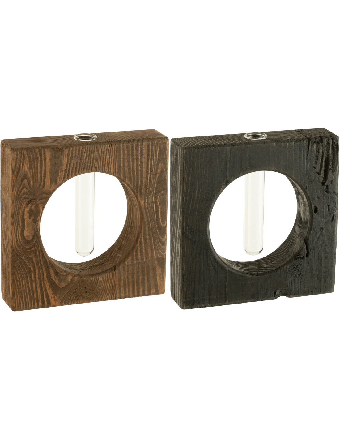 Soliflore Davor carré 20cm en bois de pin et verre transparent, J-Line, lot de 2 — tube verre qui capte la lumière
