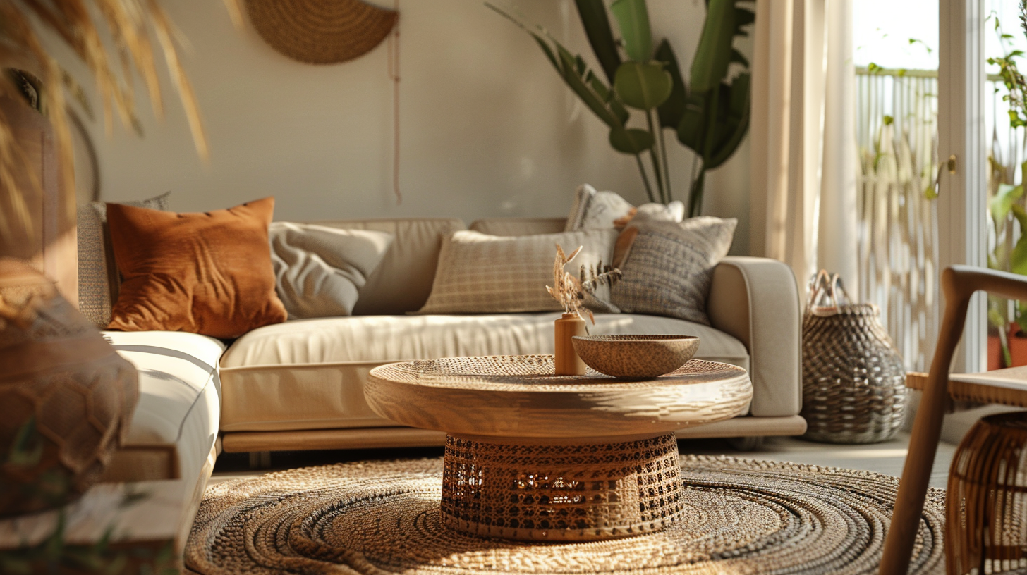 Table basse bohème dans un salon aux tons terracotta, ocre et vert olive – Histoires Singulières
