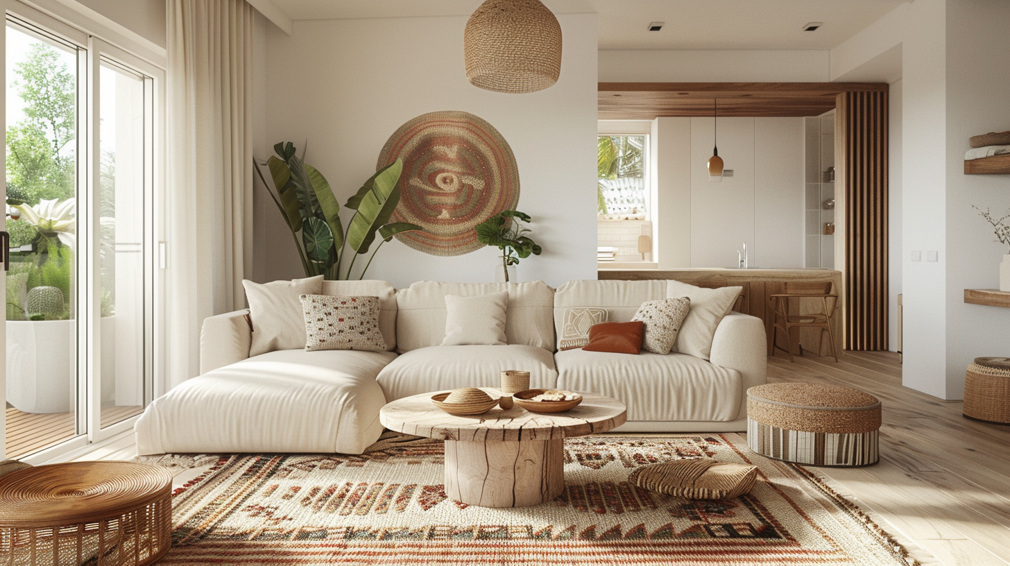 Salon bohème avec canapé et table basse bien proportionnée, circulation fluide et tapis texturé – Histoires Singulières