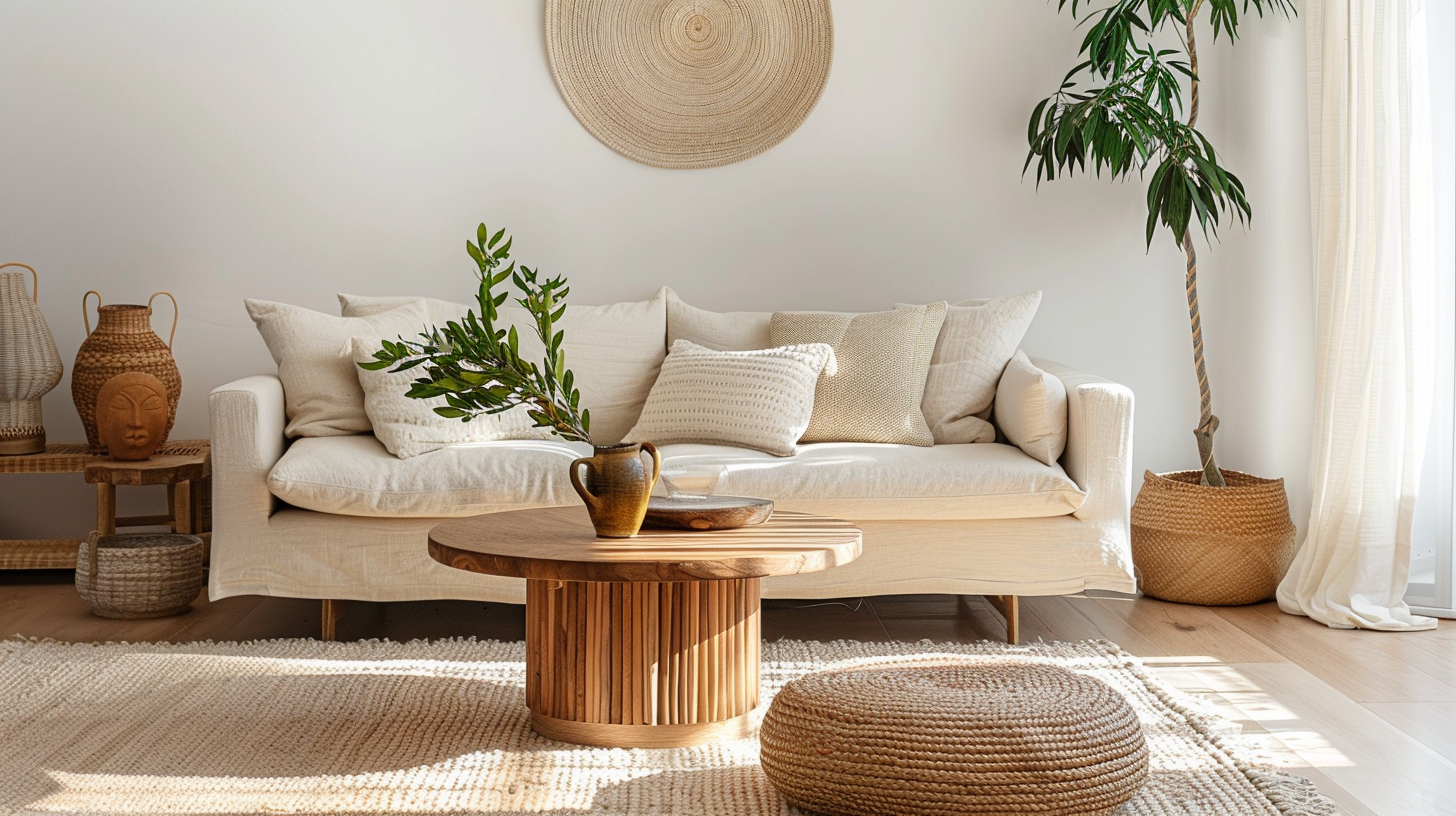 Salon bohème déséquilibré avec table basse mal proportionnée, illustration des erreurs à éviter – Histoires Singulières