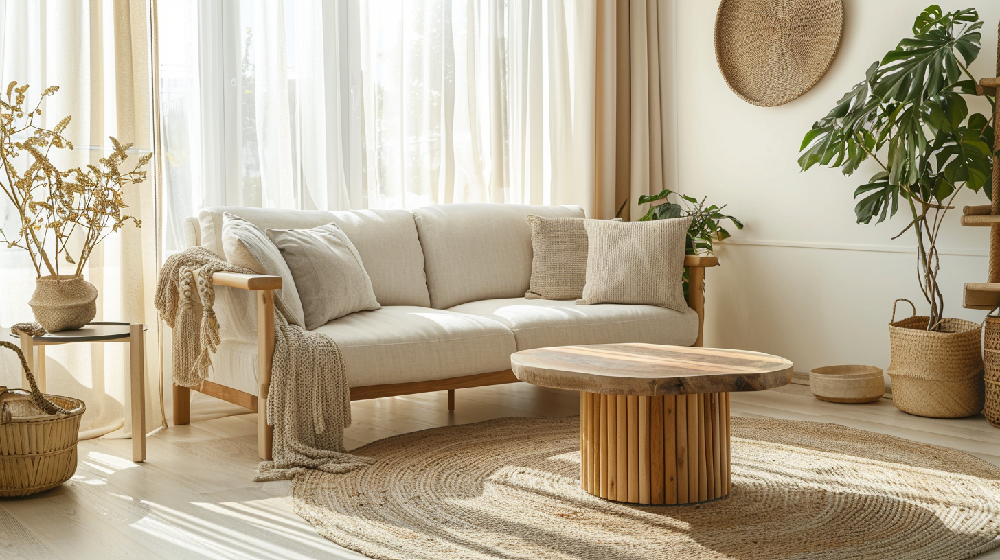 Salon bohème harmonieux avec canapé clair, tapis texturé et table basse en bois naturel – Histoires Singulières