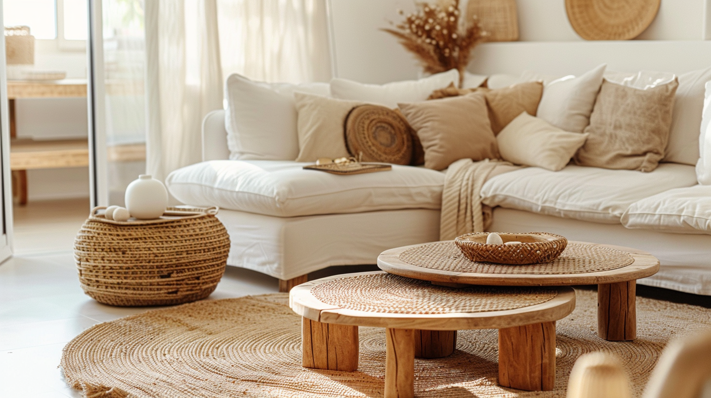 Composition de tables basses bohèmes rondes et gigognes dans un salon chaleureux – Histoires Singulières