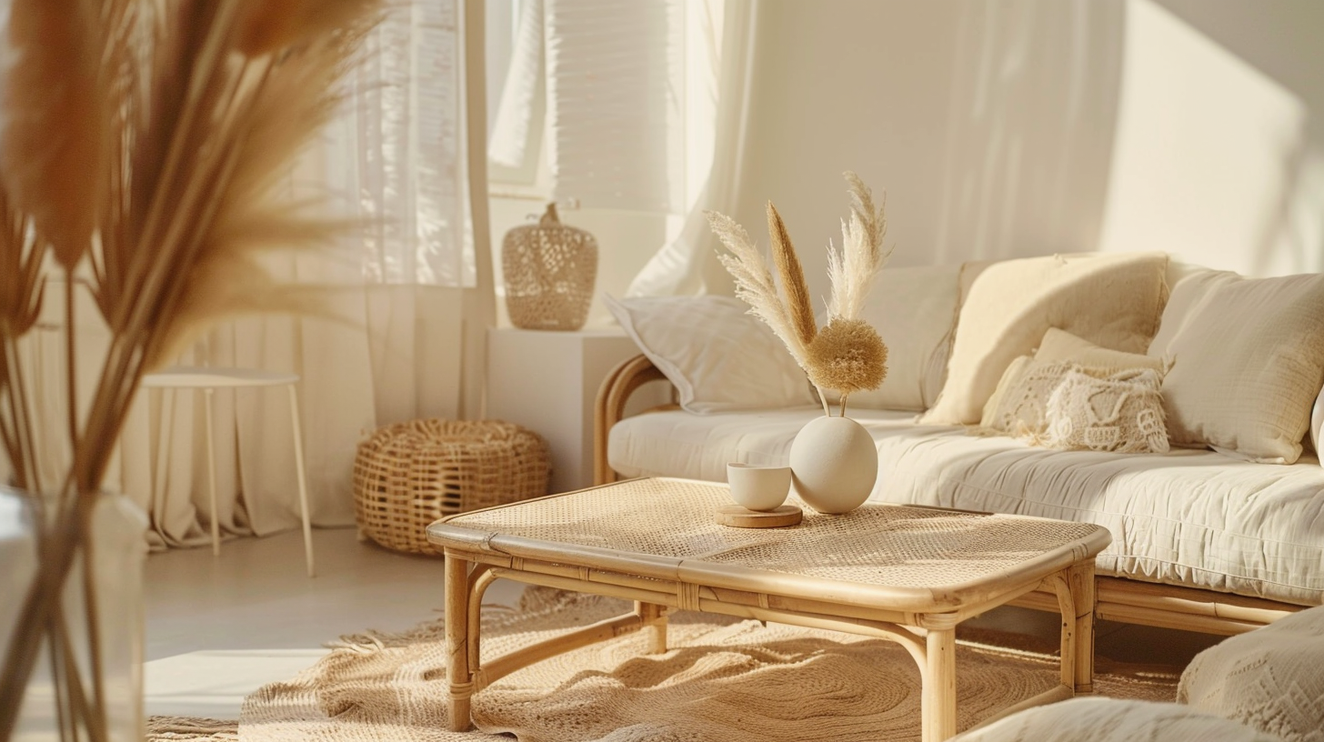 Table basse bohème en rotin et bois dans un salon lumineux aux matières naturelles – Histoires Singulières