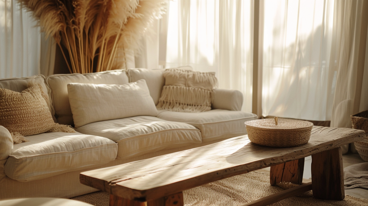 Salon bohème chic avec table basse en matières naturelles, coussins texturés et ambiance douce – Histoires Singulières