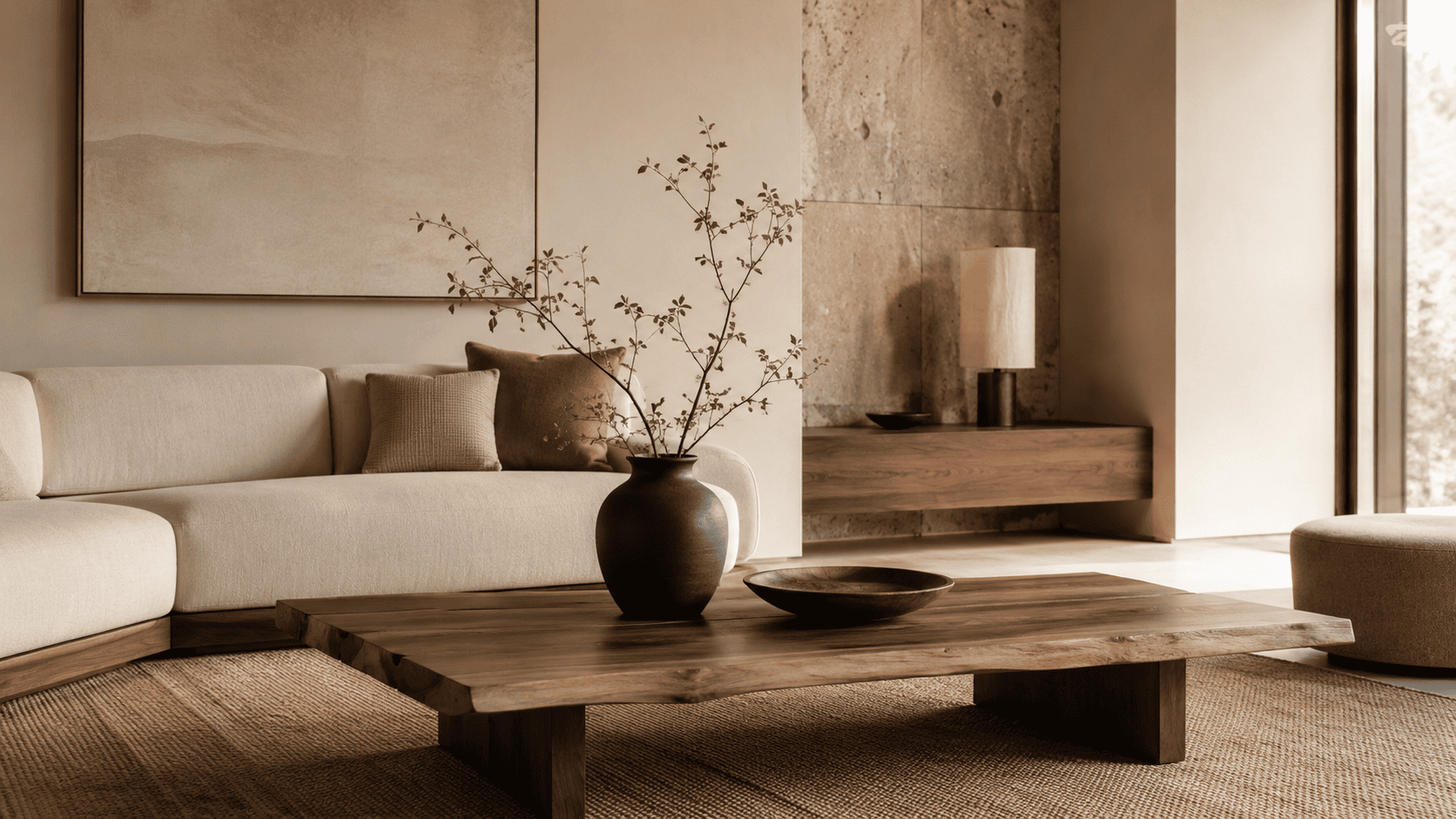 Table basse design en bois dans un salon japandi avec canapé bas, céramique, tapis naturel et lumière douce.