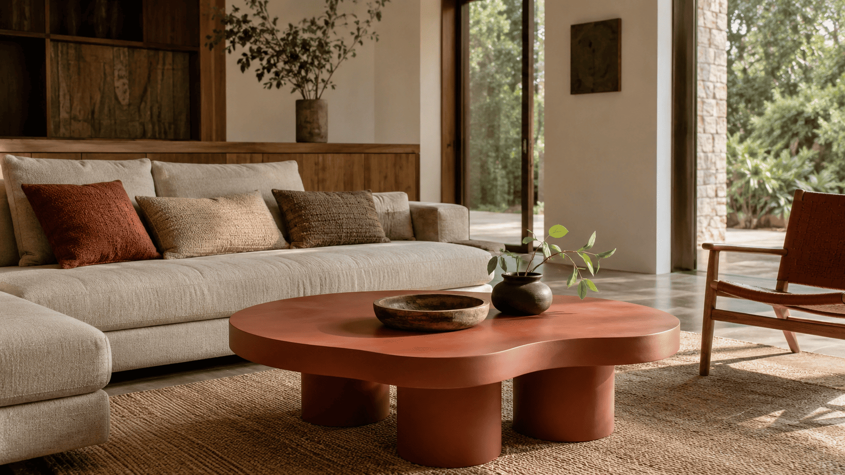Salon 2026 avec table basse colorée, canapé neutre, coussins terracotta et décoration chaleureuse.