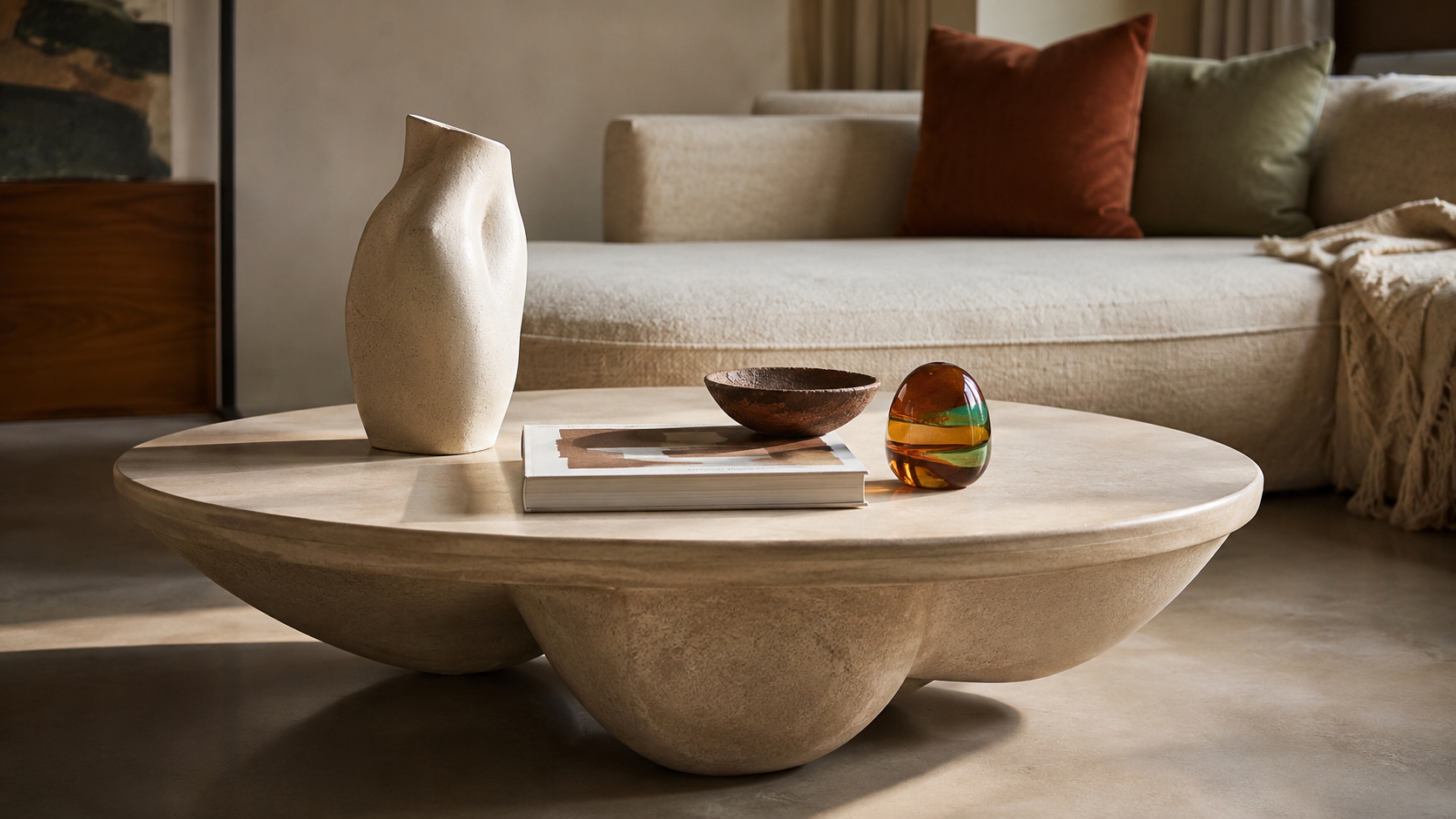 Table basse contemporaine avec vase, livre déco et objet coloré pour alléger l'ambiance du salon avant l'été.