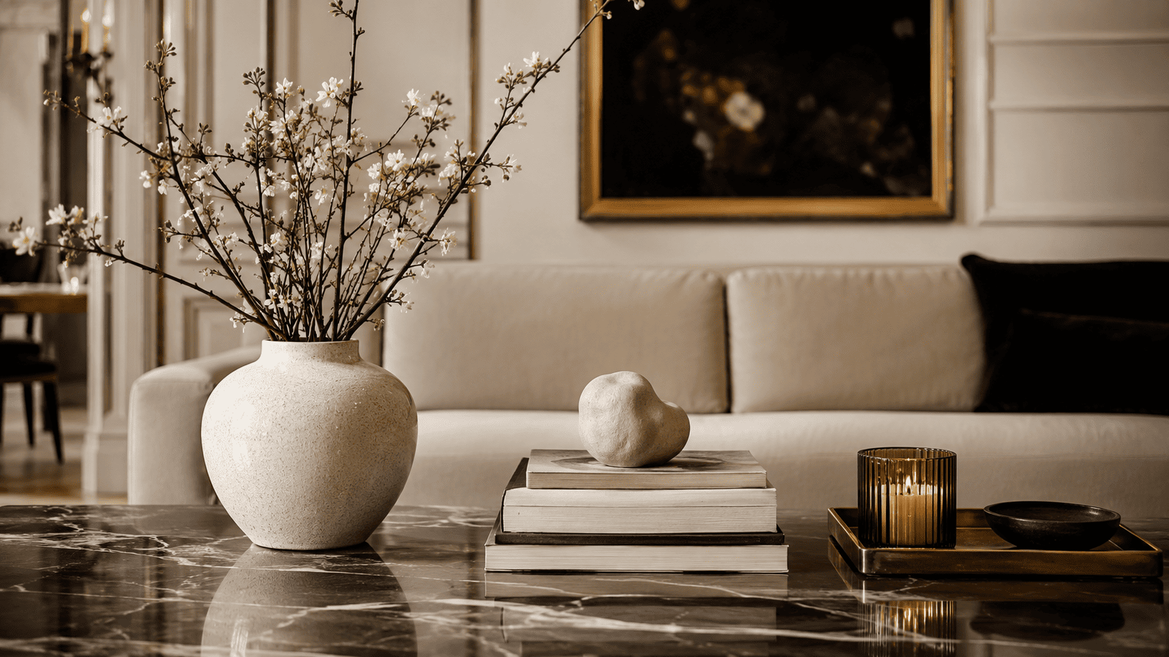 Détail de styling sur table basse design avec vase, livres, plateau, bougie et objet décoratif.