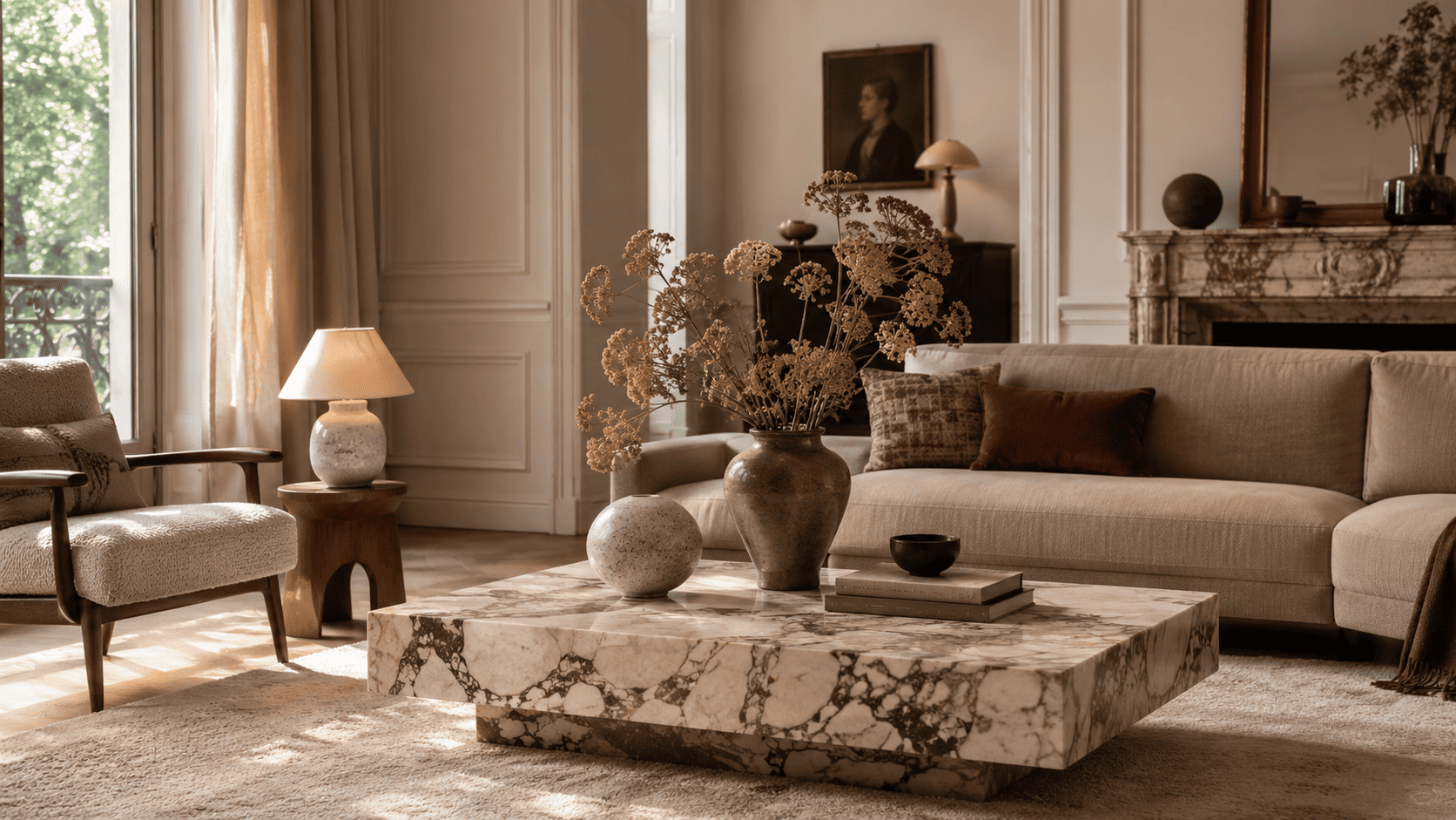 Table basse design en marbre ou pierre dans un salon contemporain avec vase sculptural et canapé clair.