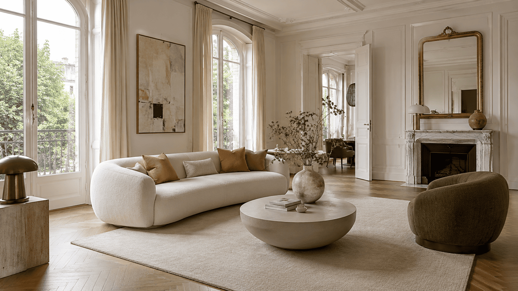 Salon contemporain montrant une table basse ronde ou ovale adaptée à la circulation autour du canapé.