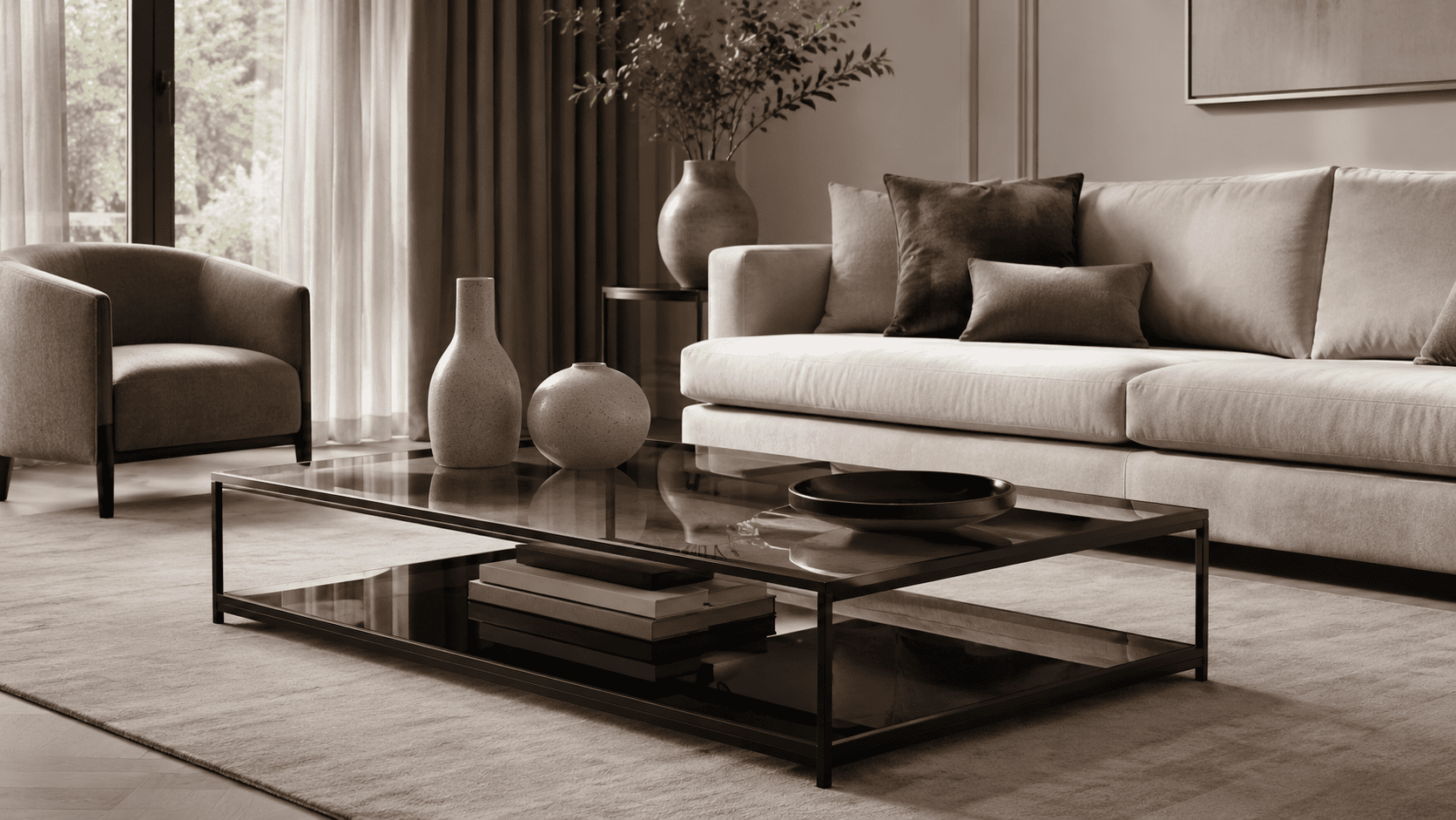 Table basse design en verre fumé et métal dans un salon moderne avec tapis clair et objets déco sobres.