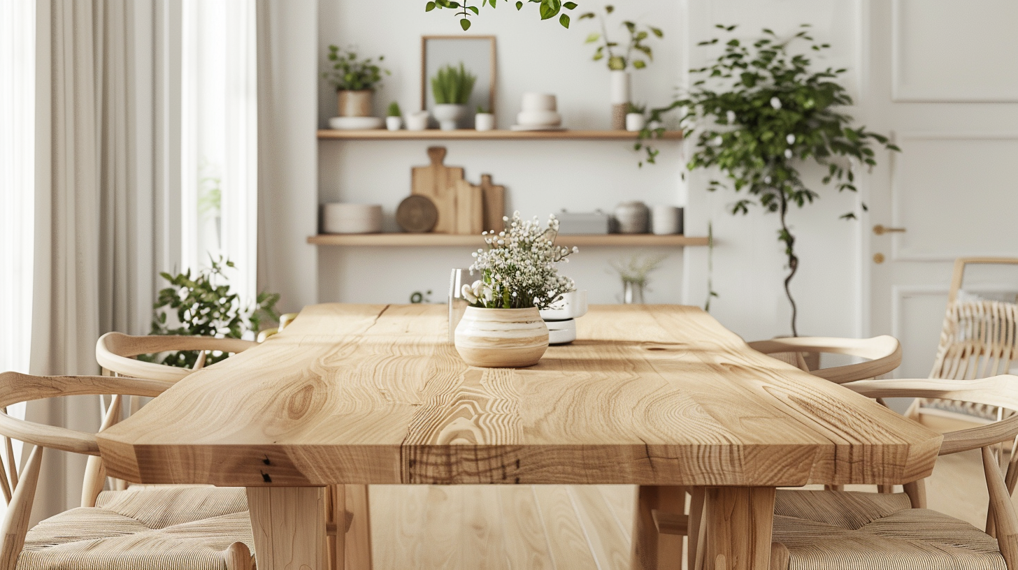 Table à manger en bois massif brut veiné dans un intérieur naturel et chaleureux, tendance bois massif 2026 – Histoires Singulières