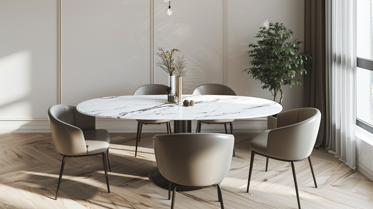 Table à manger en céramique effet marbre dans un intérieur contemporain épuré, tendance minérale 2026 – Histoires Singulières