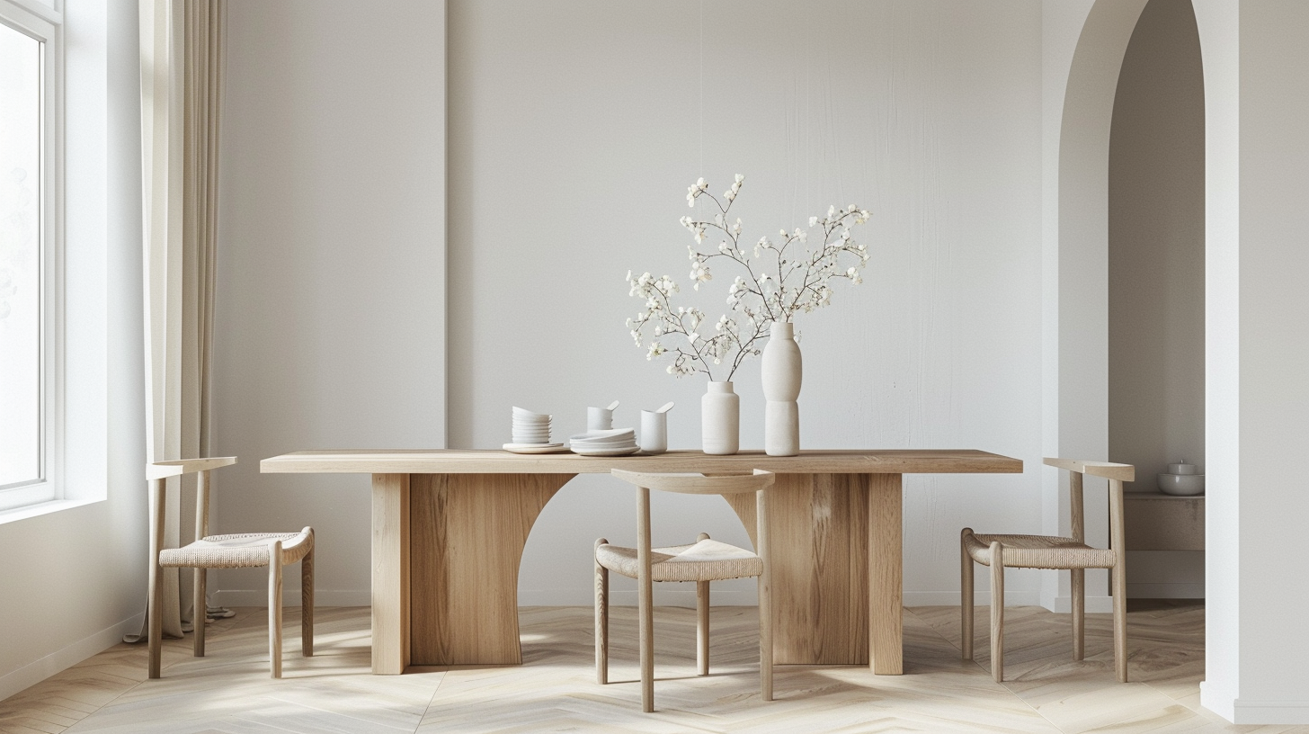 Table à manger avec piétement arche sculptural en bois massif, tendance pieds design 2026 – Histoires Singulières