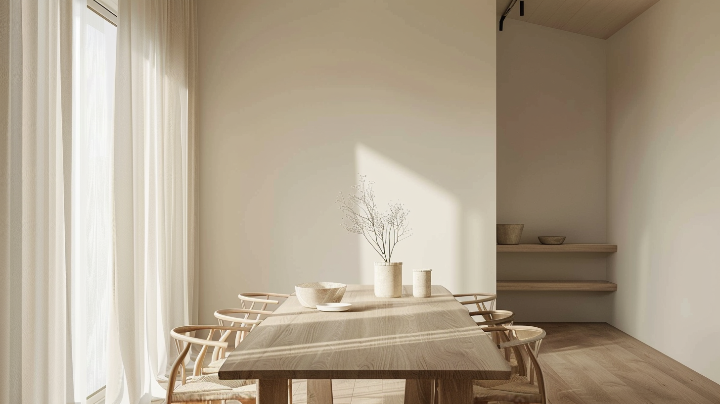 Table à manger wabi-sabi en bois d'orme brut dans un intérieur minimaliste et apaisant, tendance wabi-sabi Japandi 2026 – Histoires Singulières