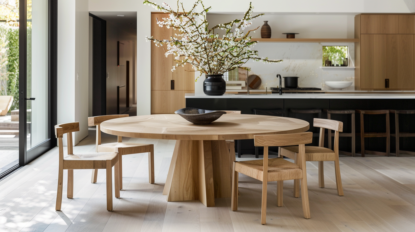 Table à manger ronde en bois naturel dans une salle à manger lumineuse, tendance table ronde 2026 – Histoires Singulières
