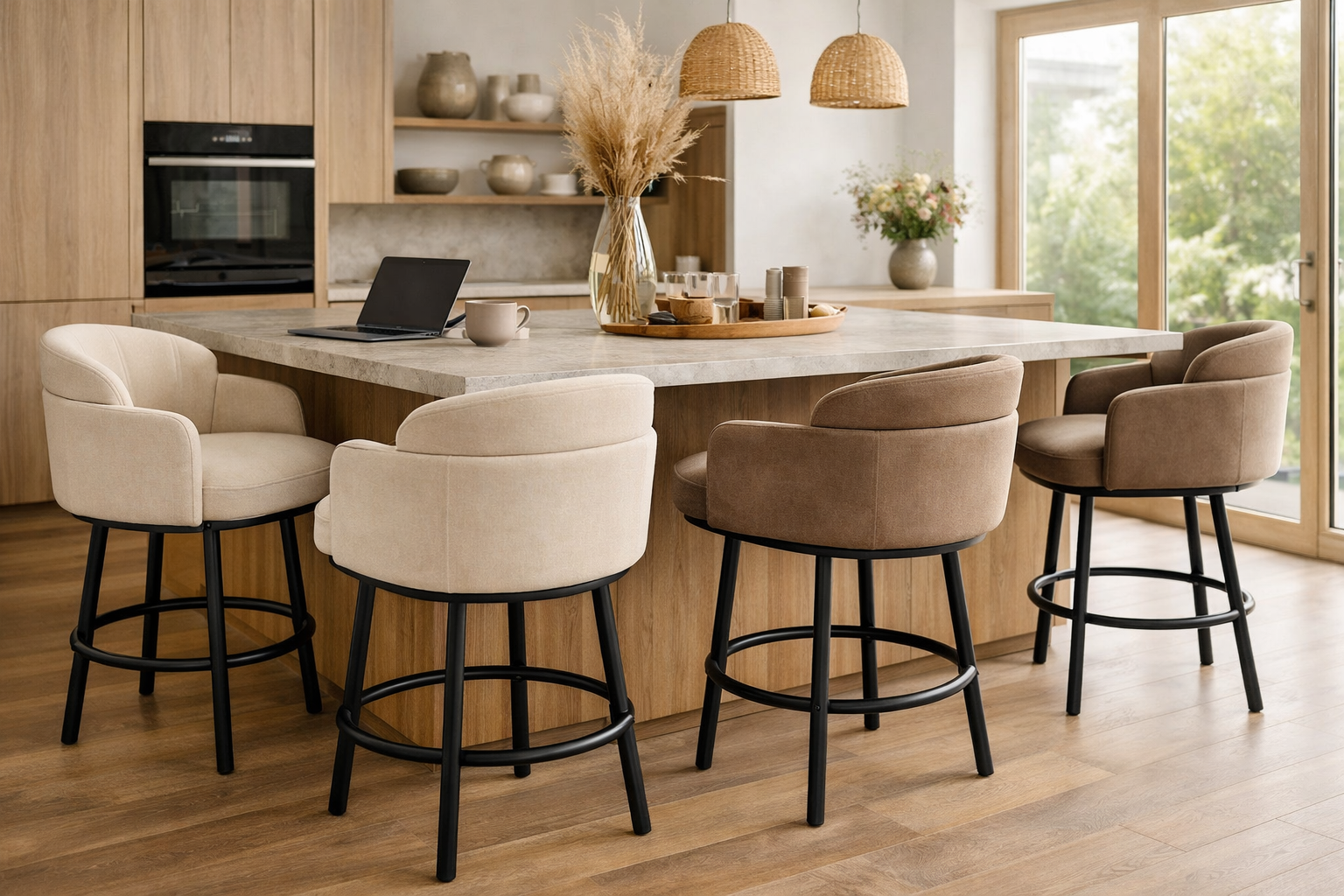 Tabourets de bar confortables avec dossier et accoudoirs autour d'un îlot de cuisine convivial, tendance confort 2026 – Histoires Singulières