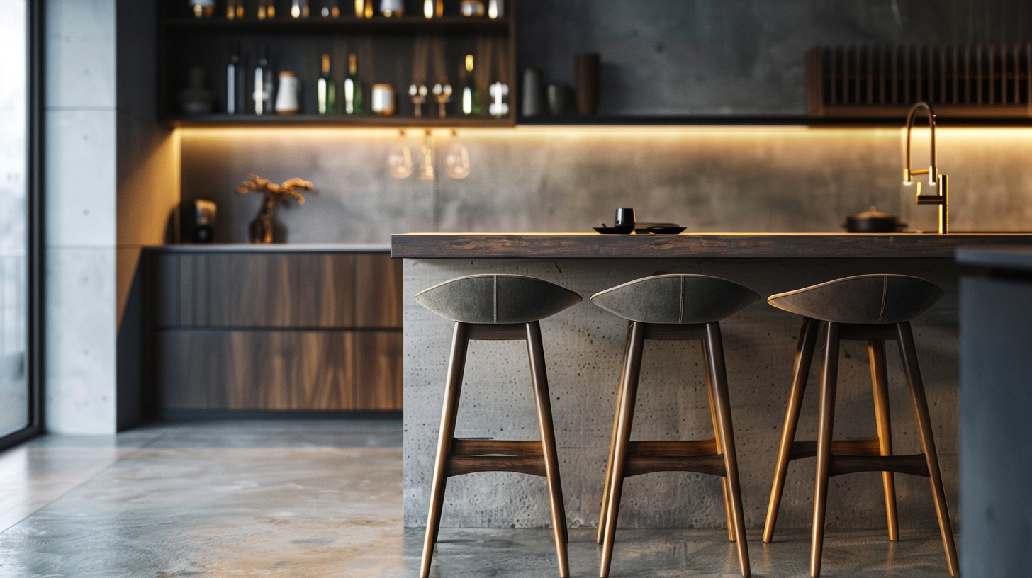 Tabourets de bar industriel chic avec structure métal vieilli et assise bois ou cuir dans une cuisine style loft, tendance 2026 – Histoires Singulières