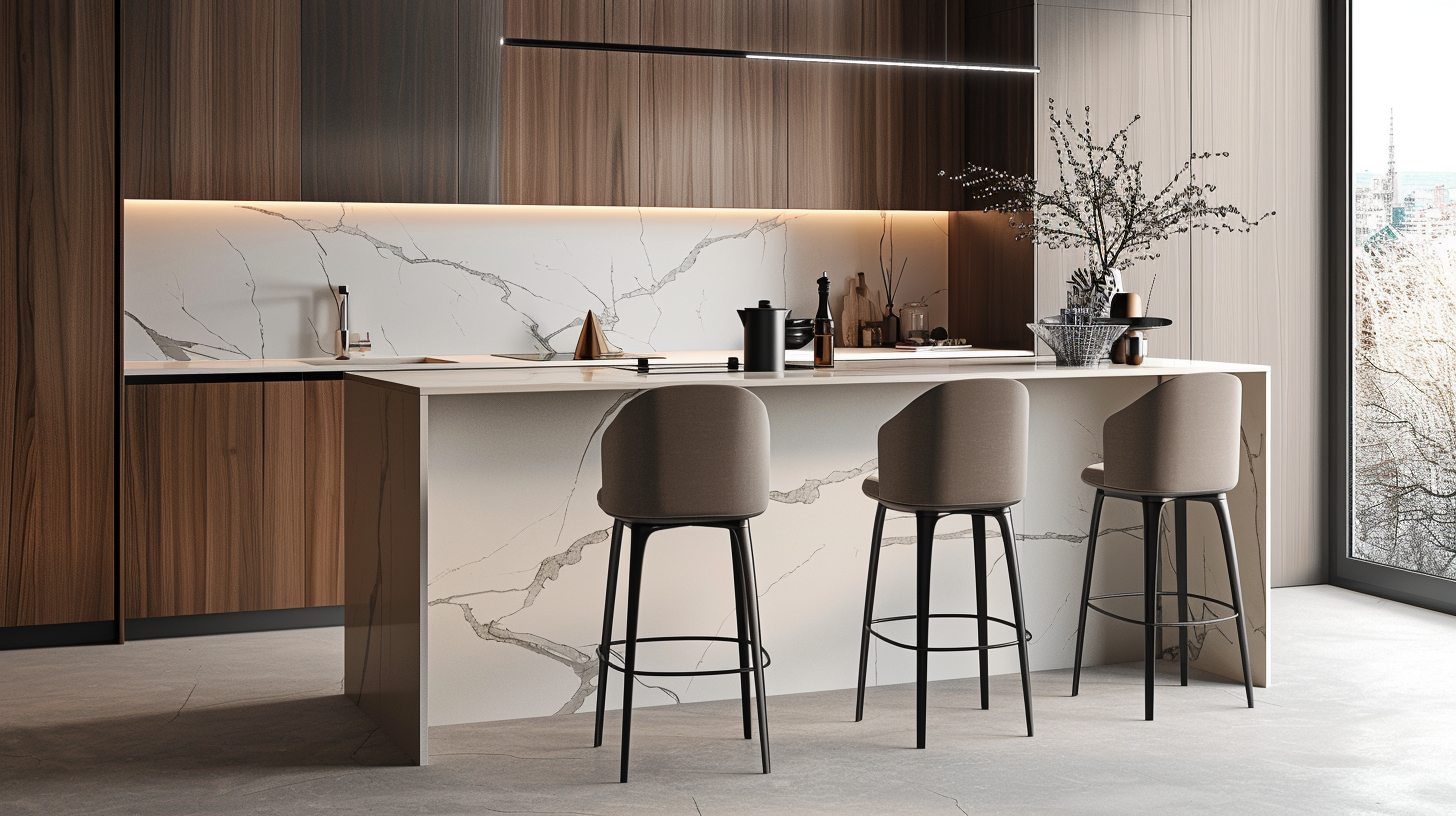 Tabourets de bar pivotants et réglables dans une cuisine moderne avec comptoir, tendance fonctionnalité 2026 – Histoires Singulières