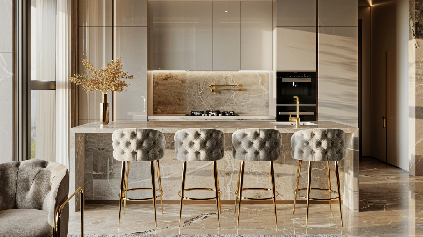 Tabourets de bar en velours avec piétement doré dans un intérieur élégant illustrant la tendance luxe discret 2026 – Histoires Singulières