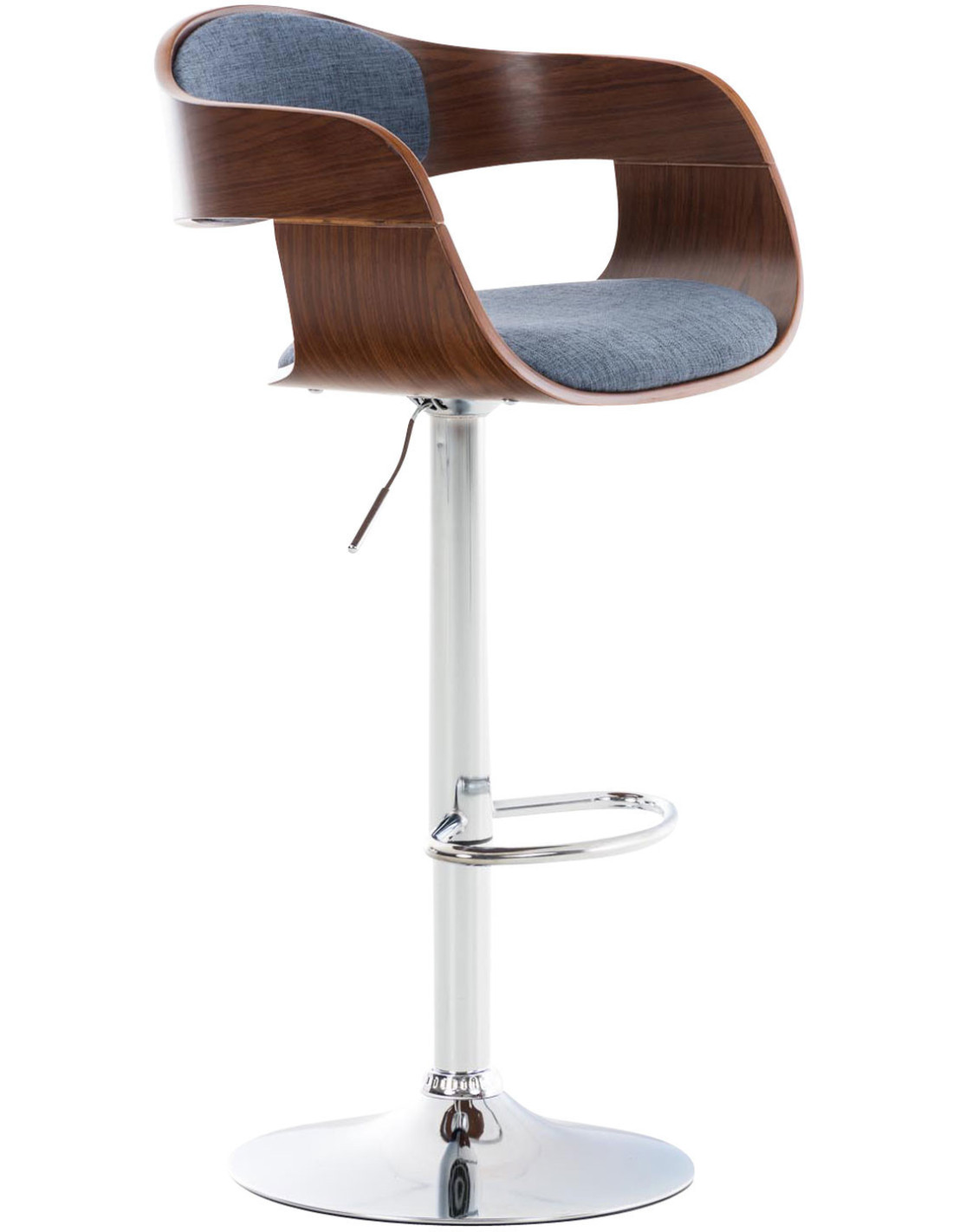 Tabouret de bar Vadim avec accoudoirs en bois noyer et polyester bleu piétement métal chromé – Histoires Singulières