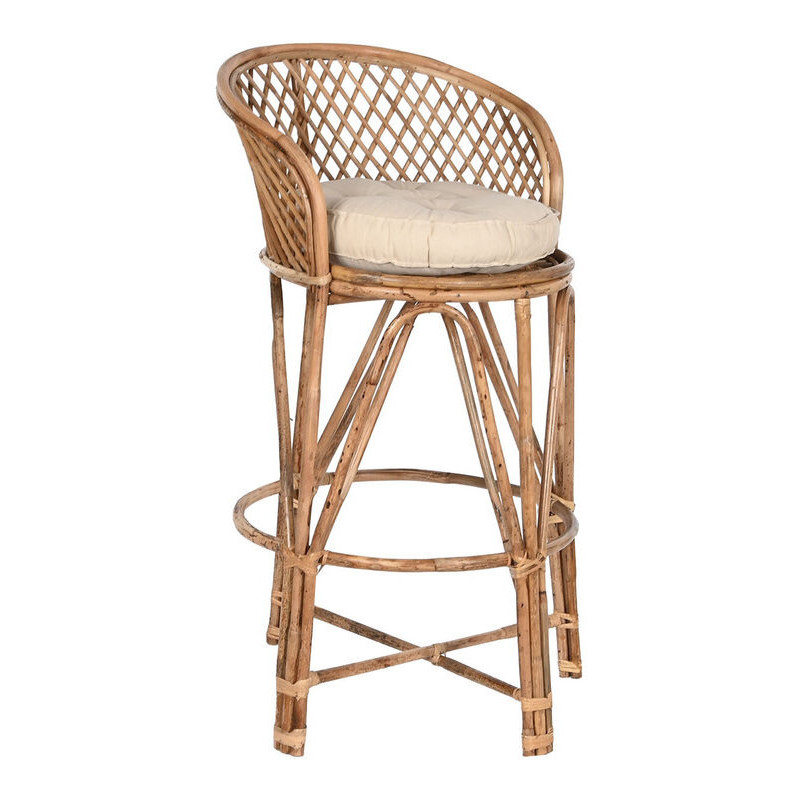 Tabouret de bar Taranis balinais vintage en rotin naturel et tissu beige – Histoires Singulières