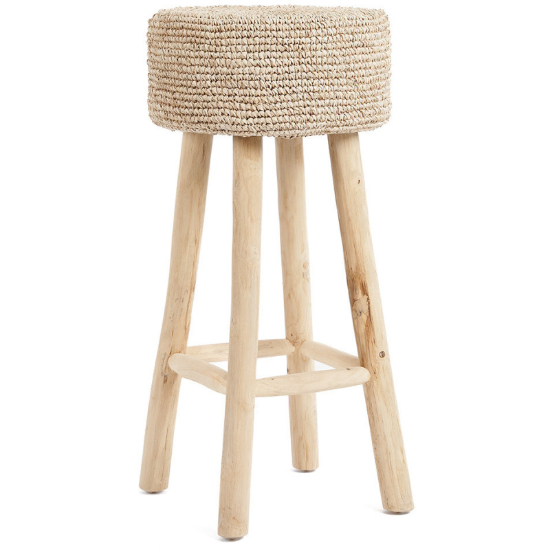 Tabouret de bar The Raffia bohème chic rond en raphia tressé bois de teck naturel – Histoires Singulières