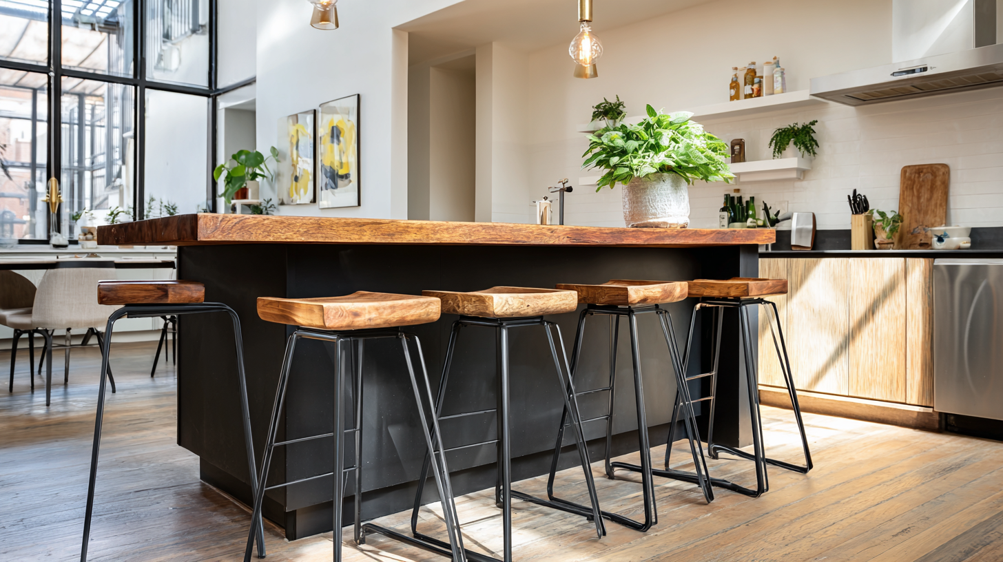 Tabouret bois et métal avec assise ergonomique et bord adouci, intérieur 2026