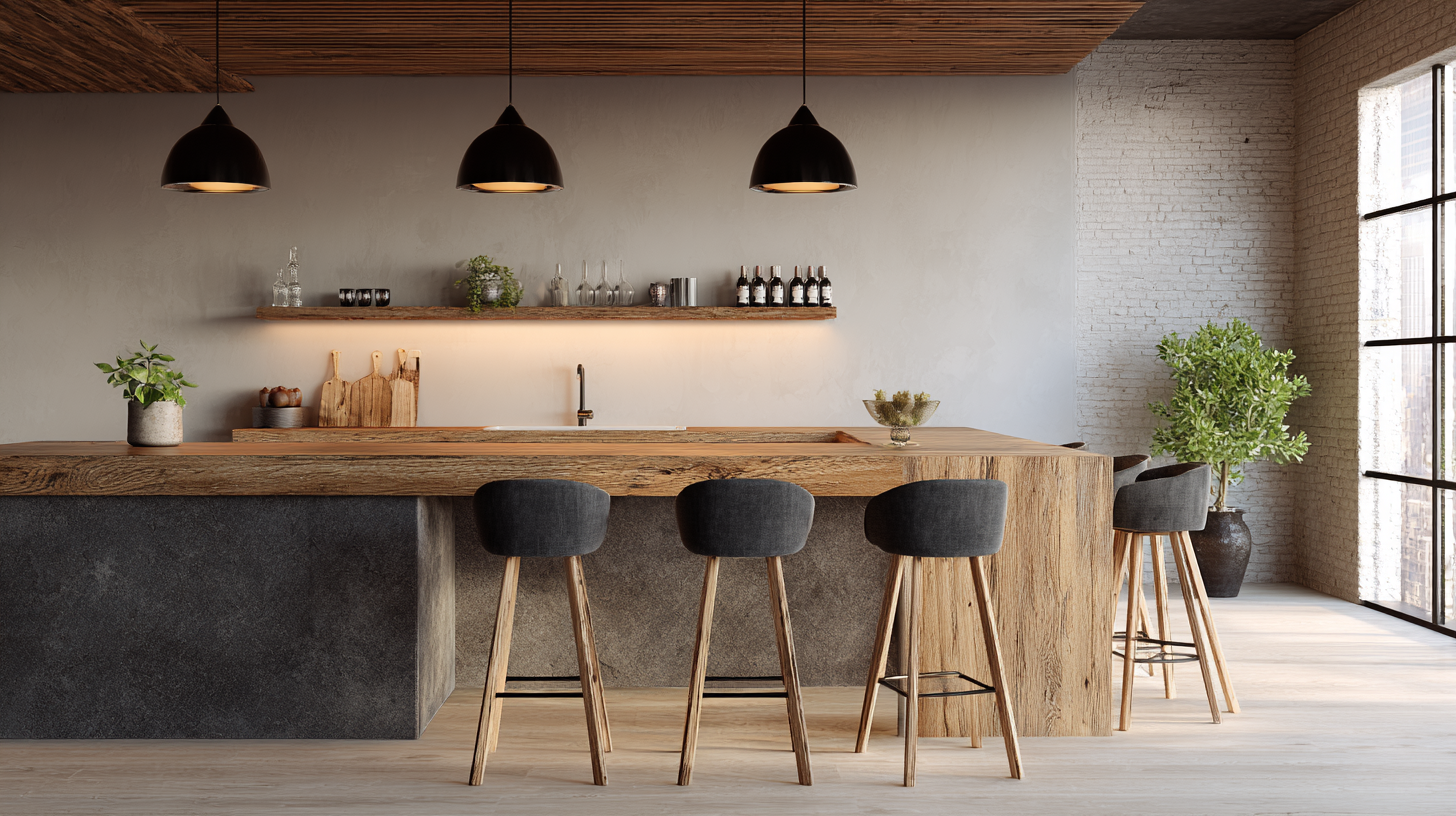 Îlot cuisine tendance 2026 avec tabourets de bar confortables, assises bien proportionnées et ambiance chaleureuse