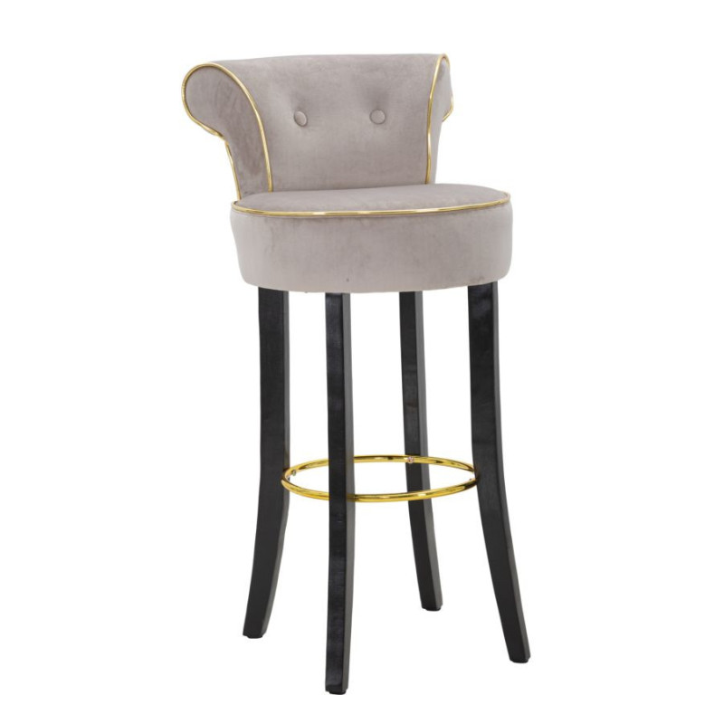 Tabouret de bar Luxy en velours gris capitonné avec simili cuir piétement métal doré – Histoires Singulières