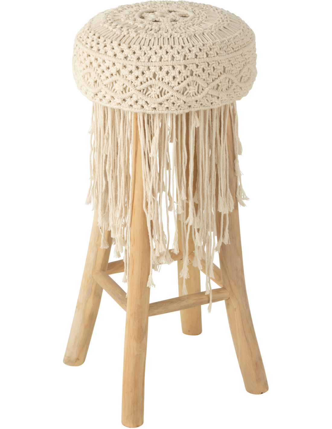 Tabouret de bar Gianni rond en bois de teck naturel avec macramé blanc et franges – Histoires Singulières