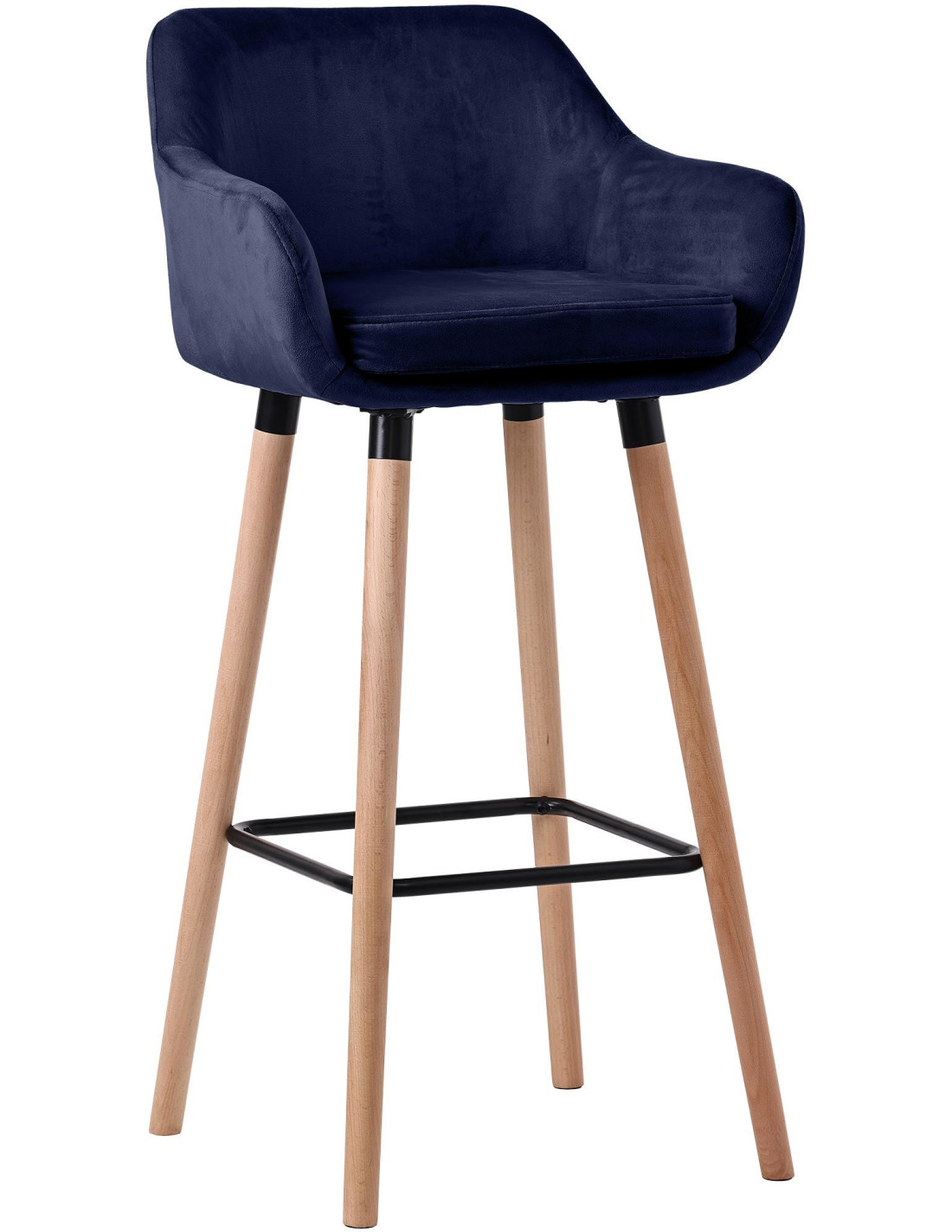 Tabouret de bar scandinave en velours bleu foncé avec accoudoirs bois de hêtre naturel – Histoires Singulières