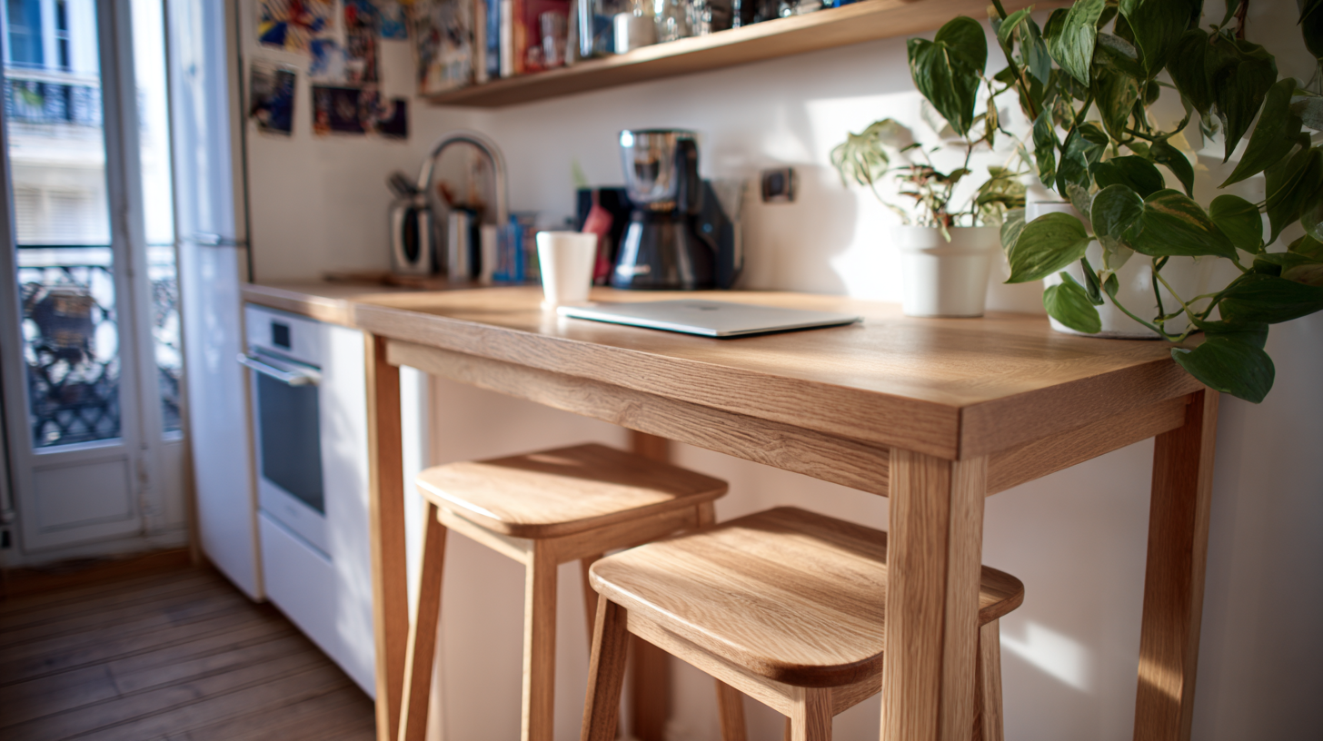 Trois usages autour du comptoir : repas, apéro, télétravail, intérieur 2026