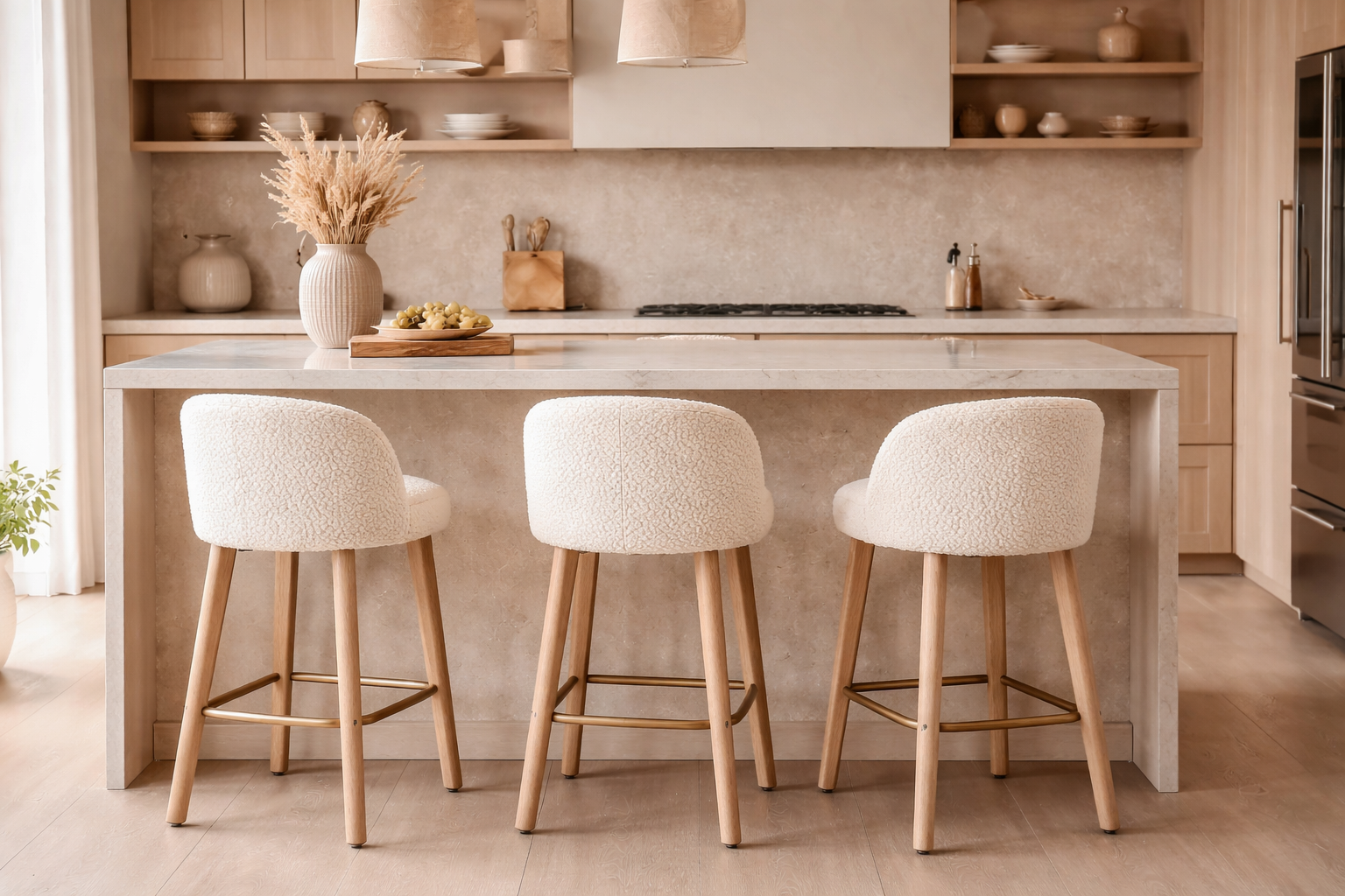 Tabourets de bar en tissu bouclette crème autour d'un îlot de cuisine, tendance bouclette 2026 – Histoires Singulières