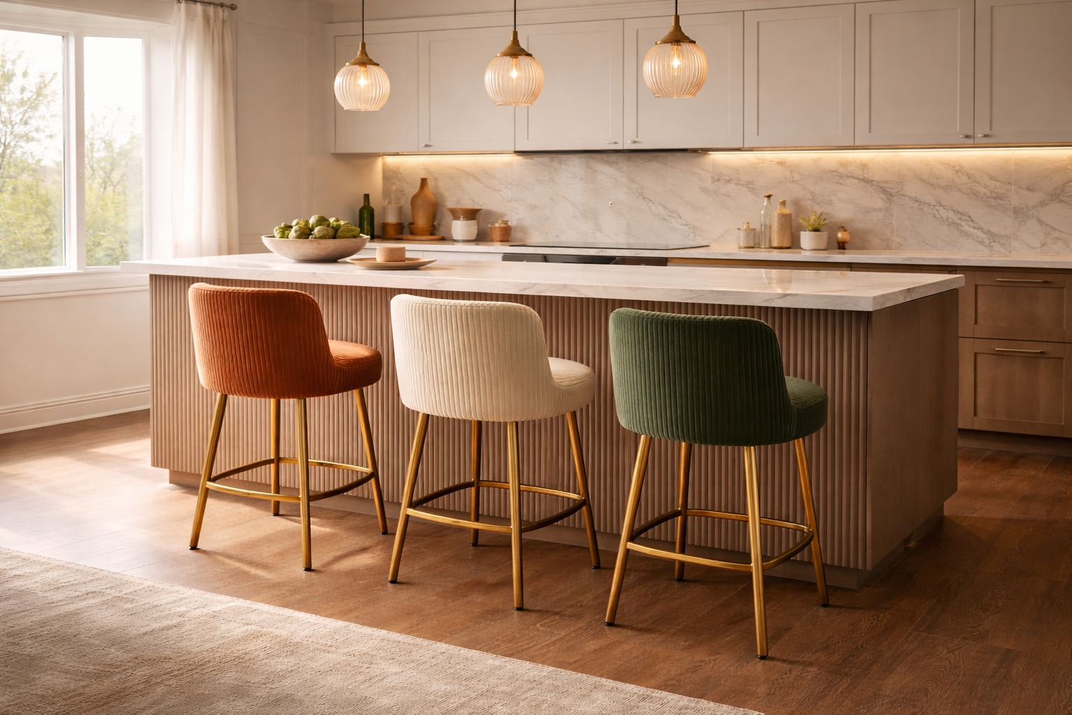 Tabourets de bar en velours côtelé terracotta, blanc crème et vert profond autour d'un îlot de cuisine moderne, tendance décoration 2026