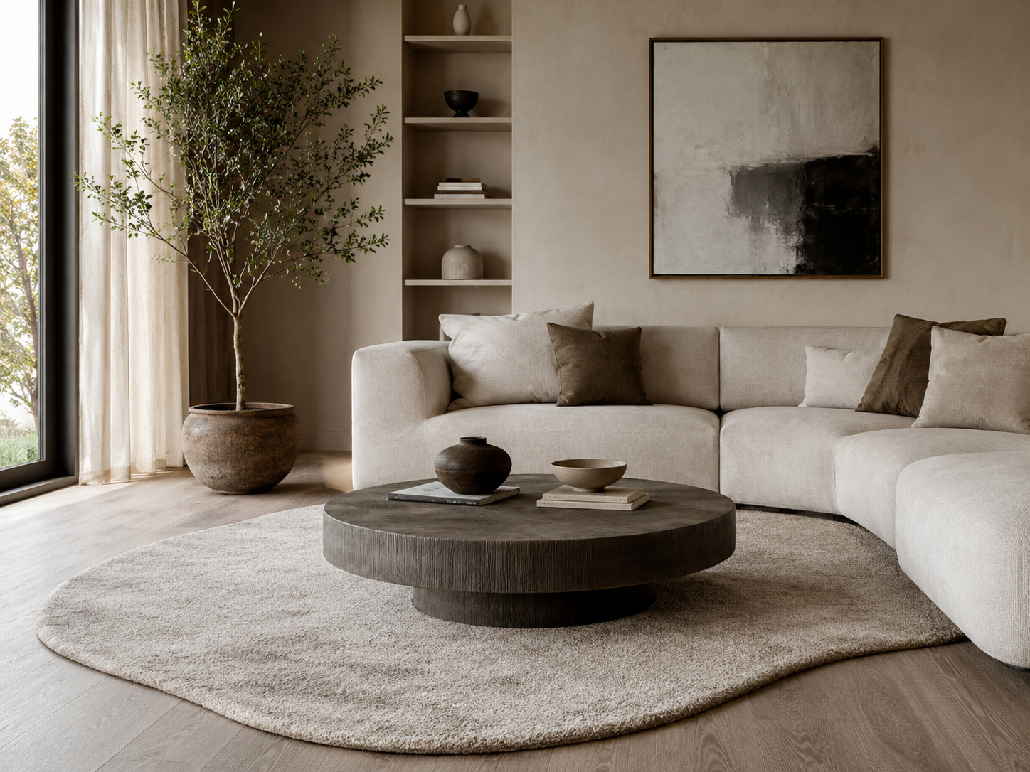 Salon beige avec tapis organique aux contours souples et table basse ronde