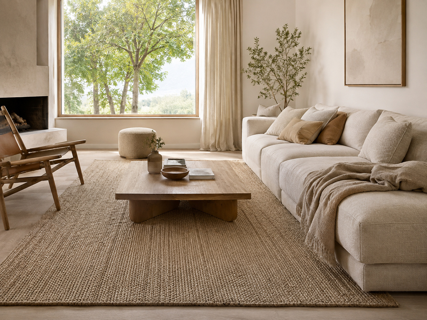 Salon cocooning avec tapis texturé bouclé beige et mobilier aux matières douces.