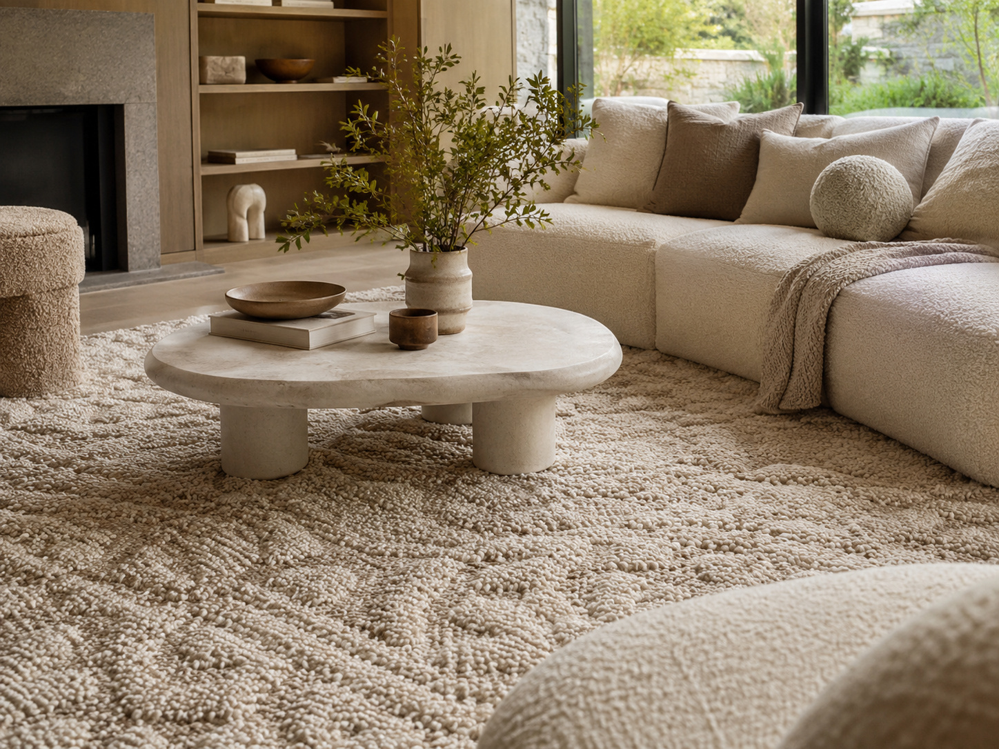 Salon lumineux avec grand tapis en fibres naturelles, canapé beige et table basse en bois.