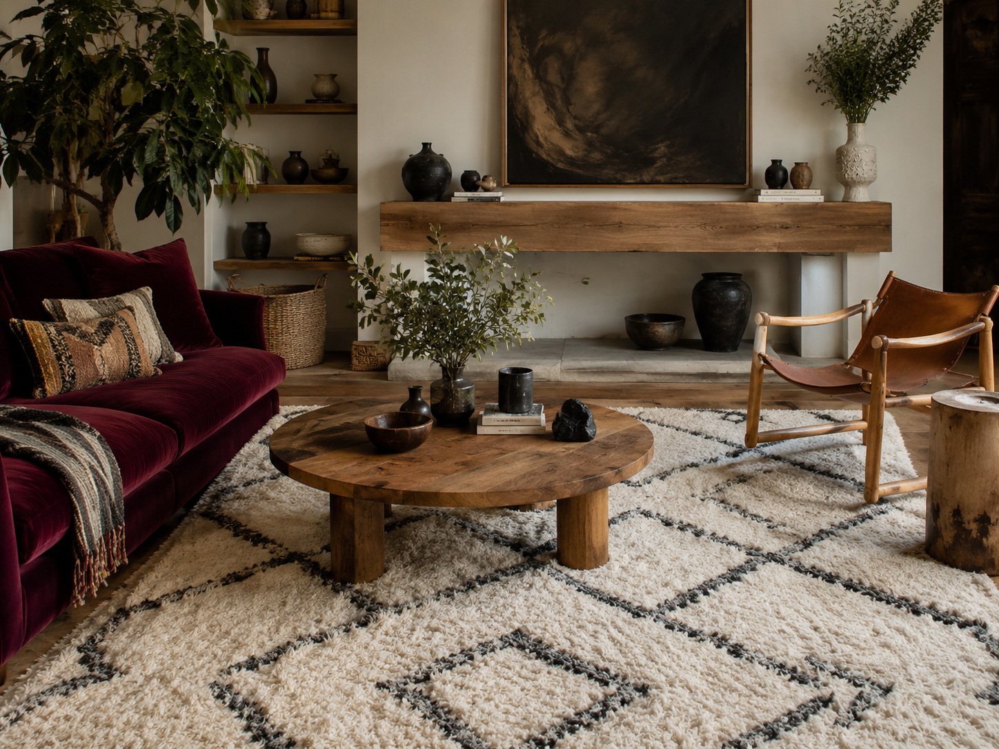 Salon chaleureux avec tapis en laine de style berbère modernisé et mobilier de caractère.