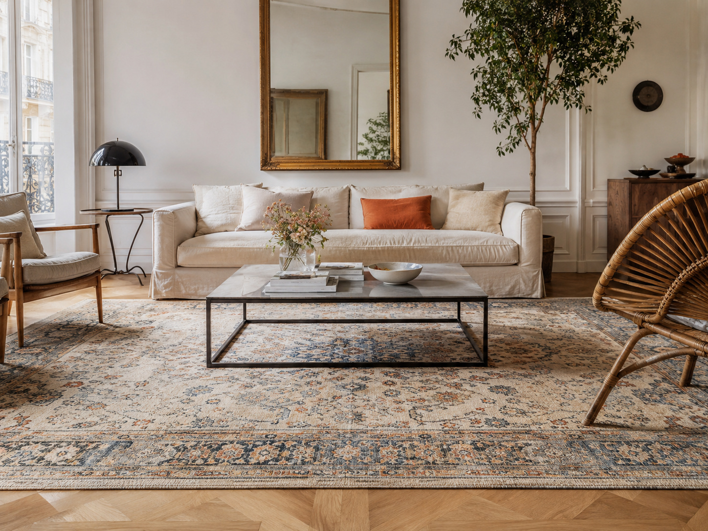 Salon bohème chic avec tapis vintage inspiré du kilim, canapé bordeaux et bois chaleureux.