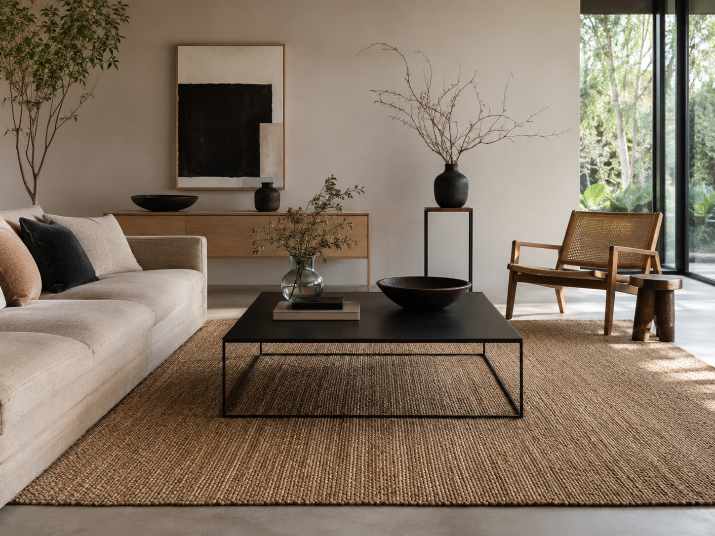 Salon raffiné avec tapis nuancé aux reflets subtils, canapé clair et table basse sombre.
