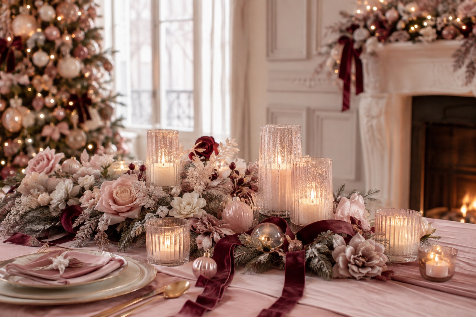 Ambiance de Noël 2026 romantique et poudrée avec rose perle, bordeaux, rubans velours et photophores.