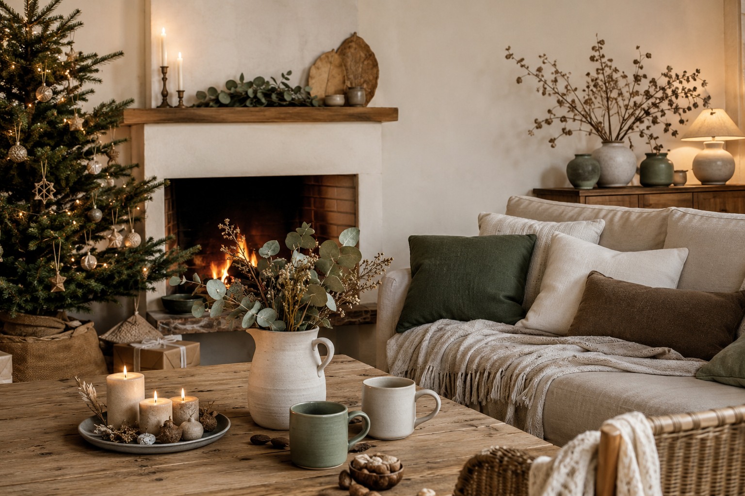 Salon de Noël 2026 chaleureux et naturel avec bois clair, bougies et décoration végétale
